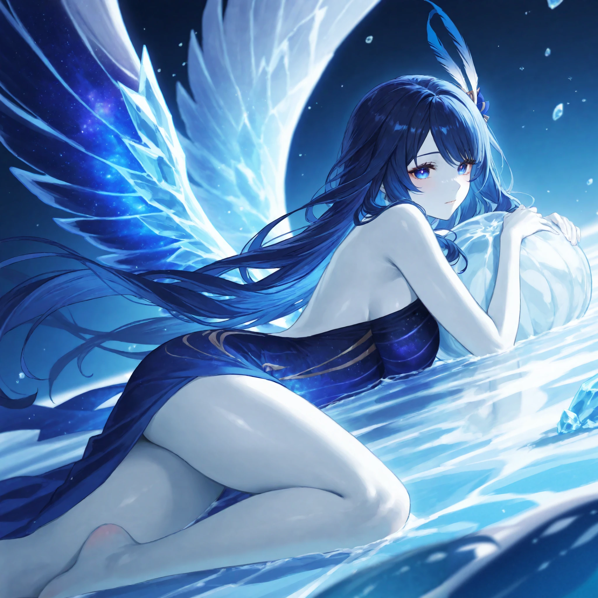 ((A close up)) of a black-haired anime teen girl, (sitting in the (river)), ((strong sunlight)), cinematic light, slim body, skin is perfectly healthy, soft, and smooth, Extremely delicate and beautiful CG illustration, best quality, high resolution, dynamic angle, full-length lens, (1 girl), floating, soft light, high-key lighting), glowing light, blue halo, feathers fluttering background, blue crystal, ((very cinematic)), ((half naked)), (raining: 1.2), barefoot
