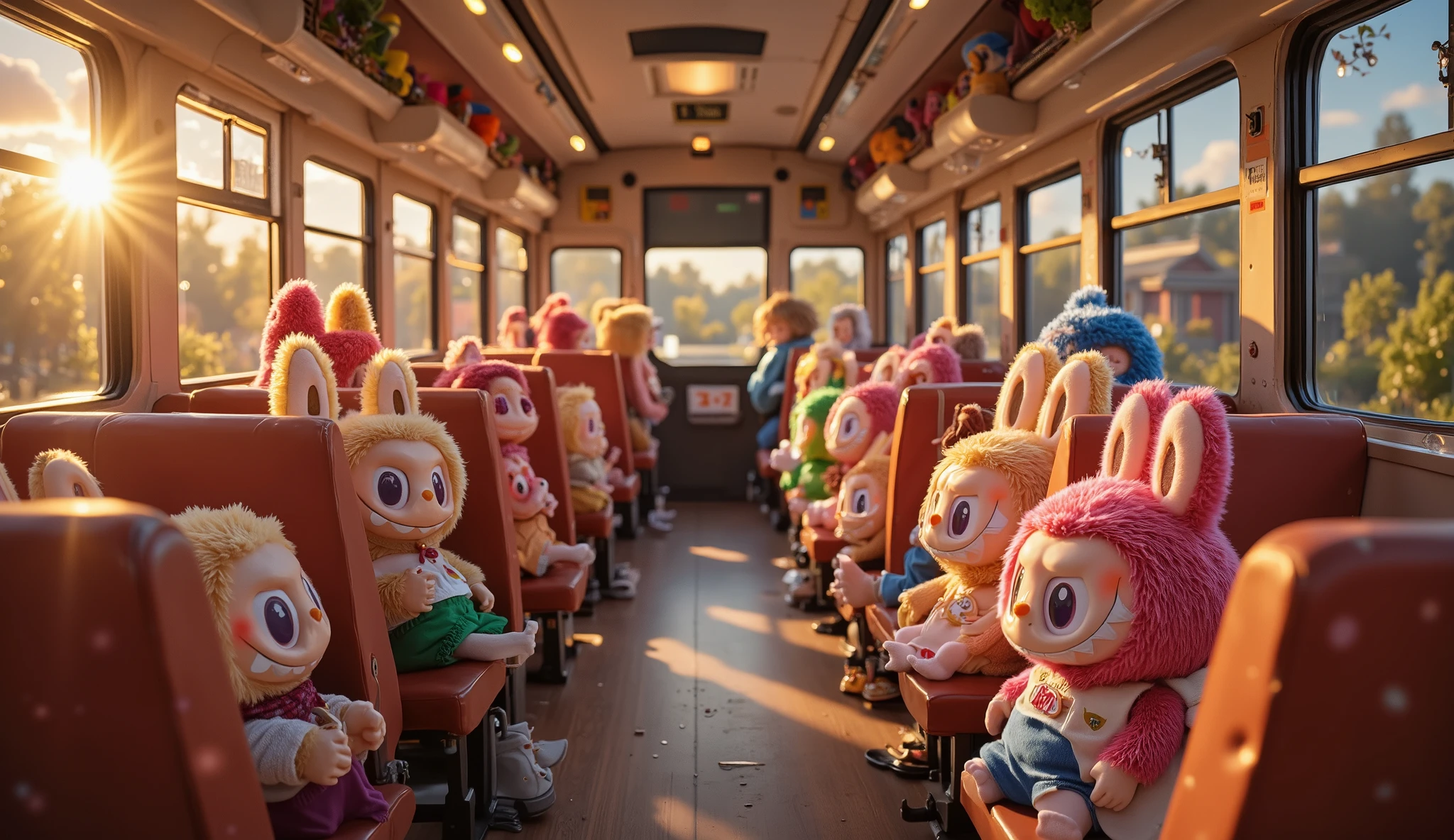 "As the warm hues of the sunset cast a golden glow through the windows, a group of colorful Labubu creatures sit huddled together on the seats of a school bus, their tiny bodies slumped in exhaustion. Their fluffy ears droop slightly, and their oversized grins have softened into peaceful expressions as they drift into sleep. Labubu in shades of red, blue, yellow, green, pink, and brown are scattered across the seats, some leaning against each other, while others rest their heads against the window, their breath lightly fogging up the glass.
The bus interior is bathed in the warm light of the setting sun, with long shadows stretching across the floor and seats. The soft hum of the engine vibrates gently beneath them, adding to the calming atmosphere. Outside the windows, the zoo they spent the day exploring slowly fades into the distance, its enclosures and lush greenery bathed in the deep orange and pink hues of twilight. A few birds can be seen flying overhead, heading to their nests as the day comes to an end.
The air inside the bus is still, filled only with the quiet sounds of tiny snores and the occasional sleepy sigh. Some Labubu clutch onto small trinkets they collected during the day, while others have their tiny hands resting on their laps, completely at ease. The peacefulness of the scene, with no humans in sight, makes it feel like a secret moment frozen in time—where the playful creatures finally rest after a long, exciting day of adventure, wrapped in the soft glow of the fading sunset."