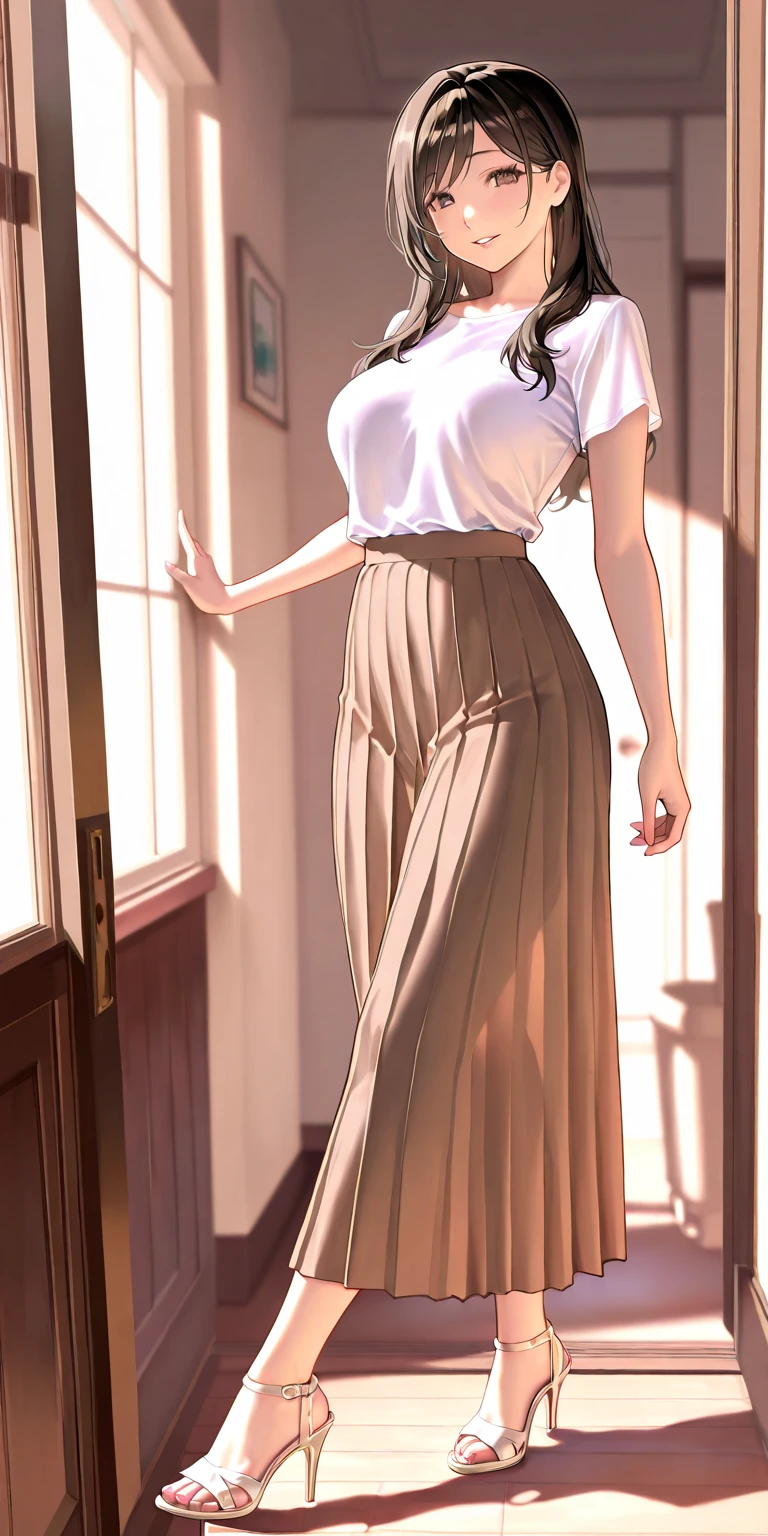 merula, full body, blue jeans, thighs, white high heels, blouse, solo