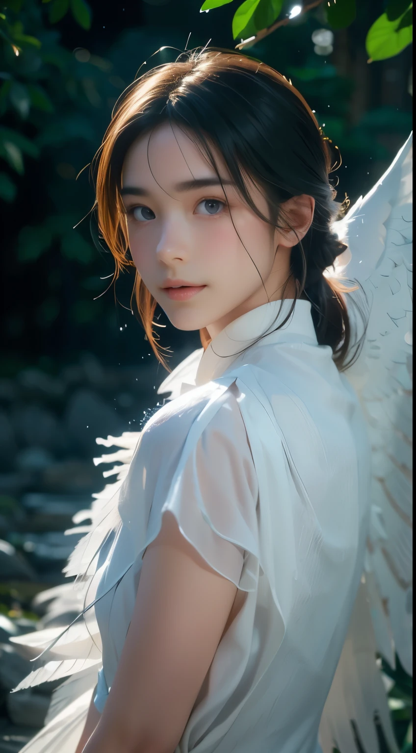 handsome angel, white goose feathers wing, olive groove, dusk, glowing eyes, finno-ugric hunk, biological tendrils constricting body, heavy thick gel rain, close up, photorealistic, hyperrealism, DSLR, HDR, ray tracing, cell shading, vray, unreal engine, professional photography, looking_at_viewer, Smiling, Melancholic