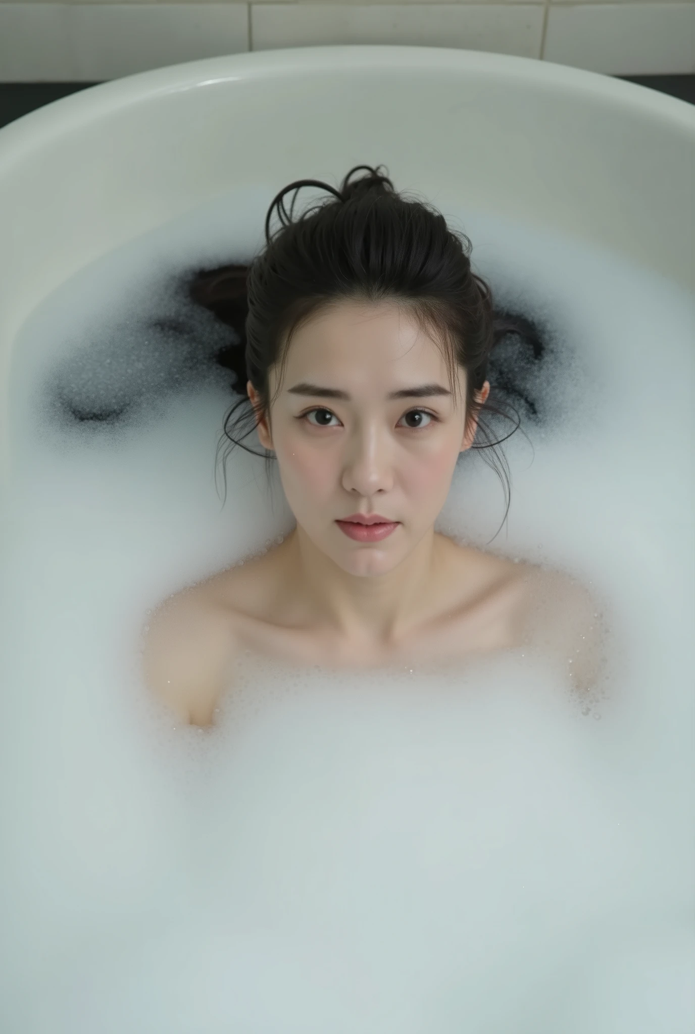 Professional Photography,  actual , Wong Kar-wai,  of an Asian woman lying in the bathtub from top to bottom,  She has long messy black hair , She is taking a bath, Her makeup is beautiful, Bathtub full of soap bubbles,  The photo has bubbles flying in the foreground  , Soap Bubble Review SFW,  is intricate