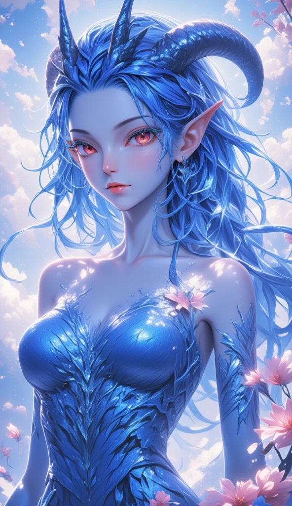 Best quality, cinematic image, Detailе.ed image, fantasy, mythical creature, horns, ice scales, beautiful woman, ice spirit, The Snow Queen, blue skin, Ice Dragon, Dragon Wings, dragon tail, detailed beautiful голубыe eyes, very long wavy white hair, cold look, White dress, big beautiful breasts, full length, winter forest 