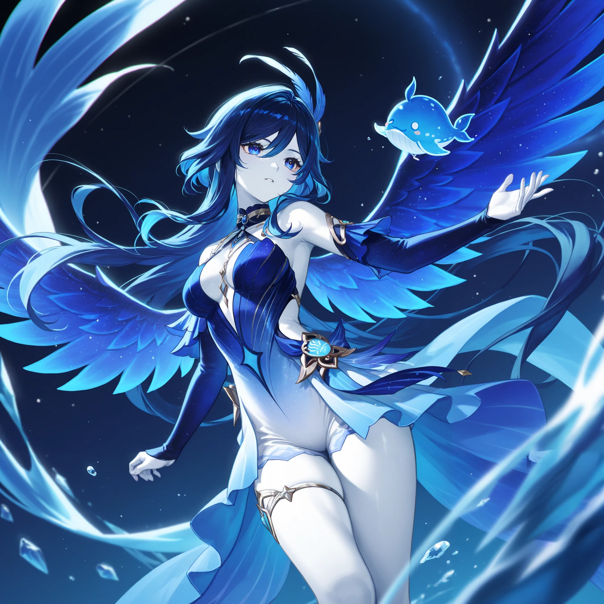 masterpiece, Lamiapgr, best quality, masterpiece, amiapgr, blue_lipstick, blue_eyeliner, symbol-shaped_eyes, multicolored_hair, detached collar, head fins, hand on own head, hand up, head tilt, holographic interface, Mermaid tail, mermaid, mermaid.full body, Lamiapgr, blue lipstick
