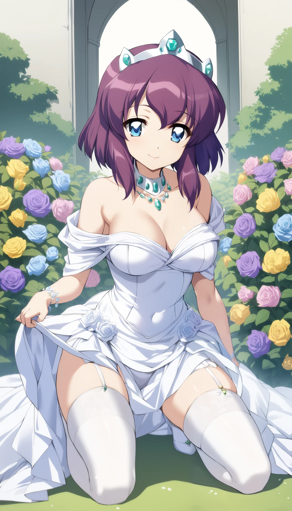 masterpiece, best quality, highres, aakusanagi, short hair, purple hair, large breasts, <lora:kusanagi_motoko_v1:0.7>, necklace, wedding dress, white dress, bridal veil, garden, (dress lift:1.3), thong, panties, cowboy shot, frown, flower