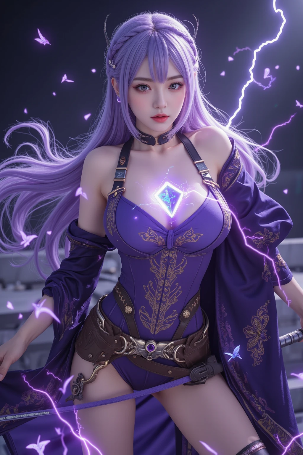Beautiful Caucasian woman. Fitness body. Big, round breasts. Just one woman. Alone. Western woman. Long hair with 1 braid. Purple hair. Bright purple eyes. Woman cosplaying as the character Yellow Sorceress from the game Gauntlet Dark Legacy. She is wearing a purple dress with straps and a large neckline on her breasts, the dress has a knee-length skirt with a neckline on the side of the leg. She is wearing a necklace with purple stones and silver hoop earrings. Purple high-heeled boots. White belt at the waist. She is in a burning medieval village one night. She holds a witch's staff with a purple stone at the end. Dynamic light. Dynamic shadows. High resolution.