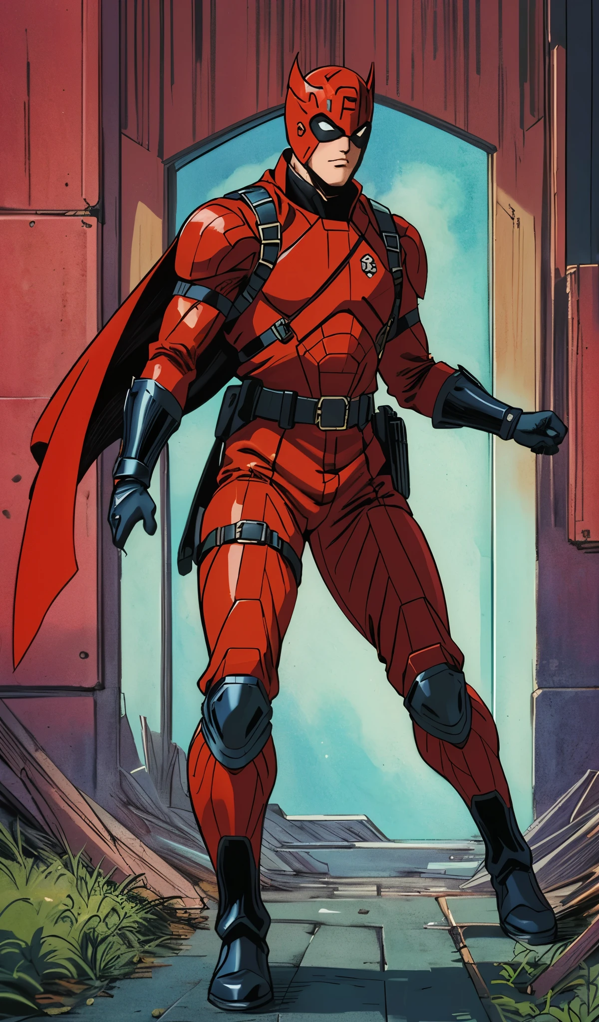 Young man drawn in 80’s anime art style. 
Retro anime. Vintage Anime. Classical Anime. 

This Superhero outfit is a highly recognizable and iconic superhero suit, primarily red and black, designed for both style and functionality. Here’s a detailed breakdown of its elements:

	1.	Full-Body Suit – The suit is a tight-fitting, red and black tactical bodysuit made of durable, reinforced fabric, likely a mix of leather and synthetic materials, designed to provide protection while allowing maximum flexibility.
	2.	Mask – Superhero’s mask is red with black patches around the eyes, which enhance the character’s expressive look. The eye areas are white, giving him a cartoonish but menacing aesthetic.
	3.	Black Shoulder and Arm Guards – The suit features black armored sections on the shoulders and arms, possibly made of a sturdy material for additional combat protection.
	4.	Harness and Utility Straps – A brown leather-like harness with cross-body straps is present, used to hold weapons like katanas, grenades, and other gear.
	5.	Utility Belt – The belt is brown with multiple pouches for ammunition and gadgets. The buckle prominently features a clock as a logo—a red and black design.
	6.	Gloves and Forearm Guards – He wears black gloves that extend to his forearms, with reinforced padding for combat and grip.
	7.	Leg Armor and Tactical Boots – His lower body is similarly armored, with reinforced padding around the knees and heavy-duty black tactical boots built for combat durability.

This outfit not only provides protection but also enhances the Superhero’s combat capabilities, making him an effective and stylish anti-hero.