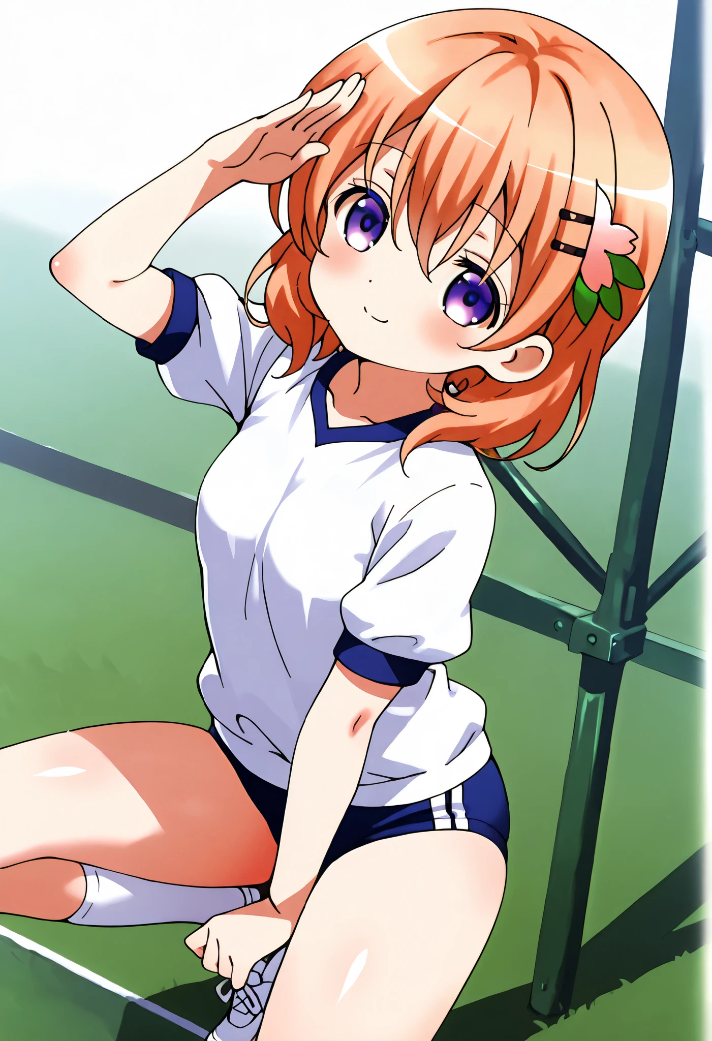 seductive smile,cute pose ,1girl,solo, ite ,Plain school gym uniform, (deep blue buruma) ,cocoa hoto,very cute ,small breasts,Original style, Very high quality, soft to the touch, beautiful,super detailed skin, high resolution, novel illustration, shiny skin,in gochuumon wa usagi desu ka? Style, dynamic pose