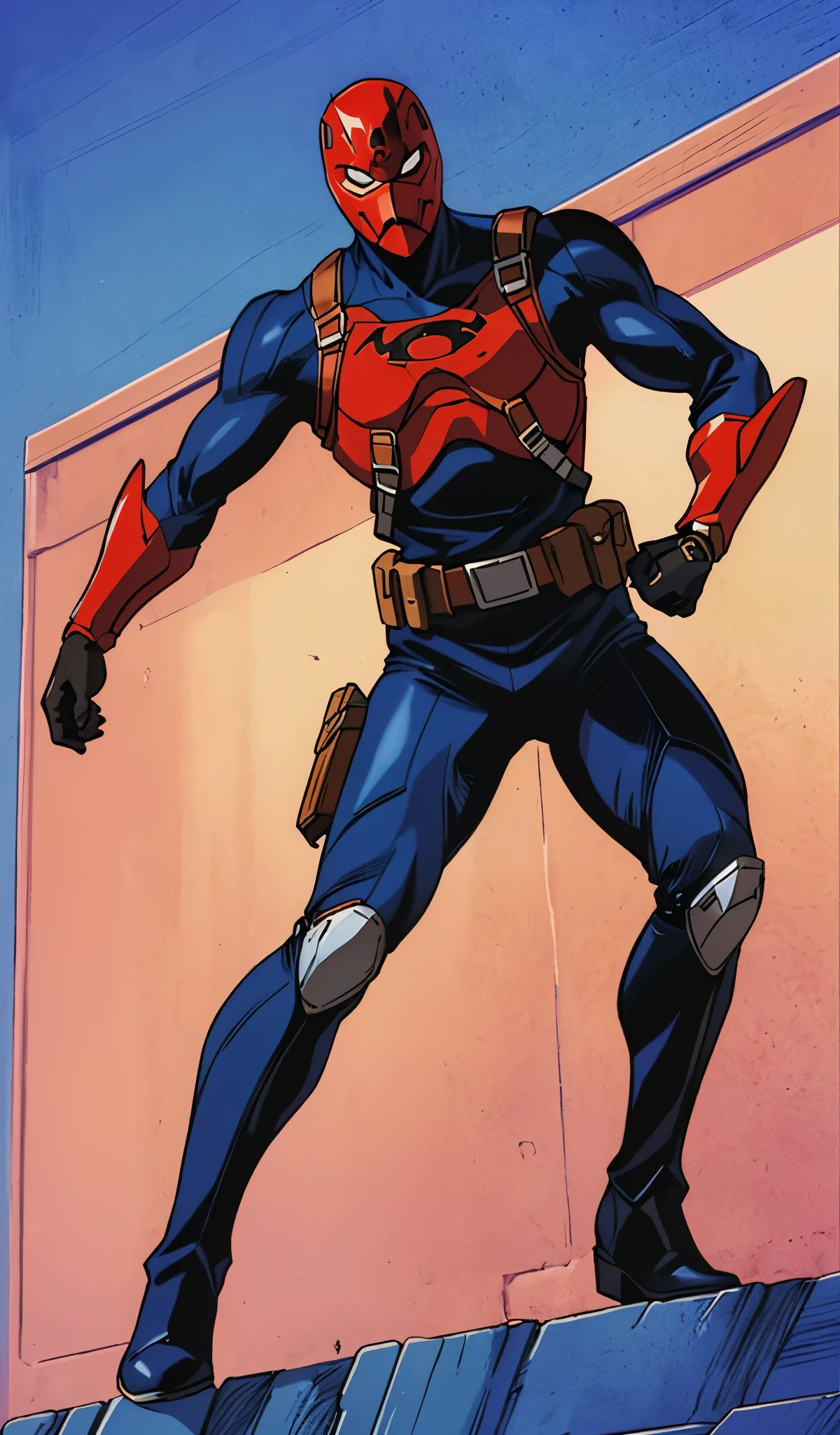 Young man drawn in 80’s anime art style.
Retro anime. Vintage Anime. Classical Anime.
This Superhero outfit is a highly recognizable and iconic superhero suit, primarily red and black, designed for both style and functionality. Here’s a detailed breakdown of its elements:
1. Full-Body Suit – The suit is a tight-fitting, red and black tactical bodysuit made of durable, reinforced fabric, likely a mix of leather and synthetic materials, designed to provide protection while allowing maximum flexibility.
2. Mask – Superhero’s mask is red with black patches around the eyes, which enhance the character’s expressive look. The eye areas are white, giving him a cartoonish but menacing aesthetic.
3. Black Shoulder and Arm Guards – The suit features black armored sections on the shoulders and arms, possibly made of a sturdy material for additional combat protection.
4. Harness and Utility Straps – A brown leather-like harness with cross-body straps is present, used to hold weapons like katanas, grenades, and other gear.
5. Utility Belt – The belt is brown with multiple pouches for ammunition and gadgets. The buckle prominently features a clock as a logo—a red and black design.
6. Gloves and Forearm Guards – He wears black gloves that extend to his forearms, with reinforced padding for combat and grip.
7. Leg Armor and Tactical Boots – His lower body is similarly armored, with reinforced padding around the knees and heavy-duty black tactical boots built for combat durability.
This outfit not only provides protection but also enhances the Superhero’s combat capabilities, making him an effective and stylish anti-hero.