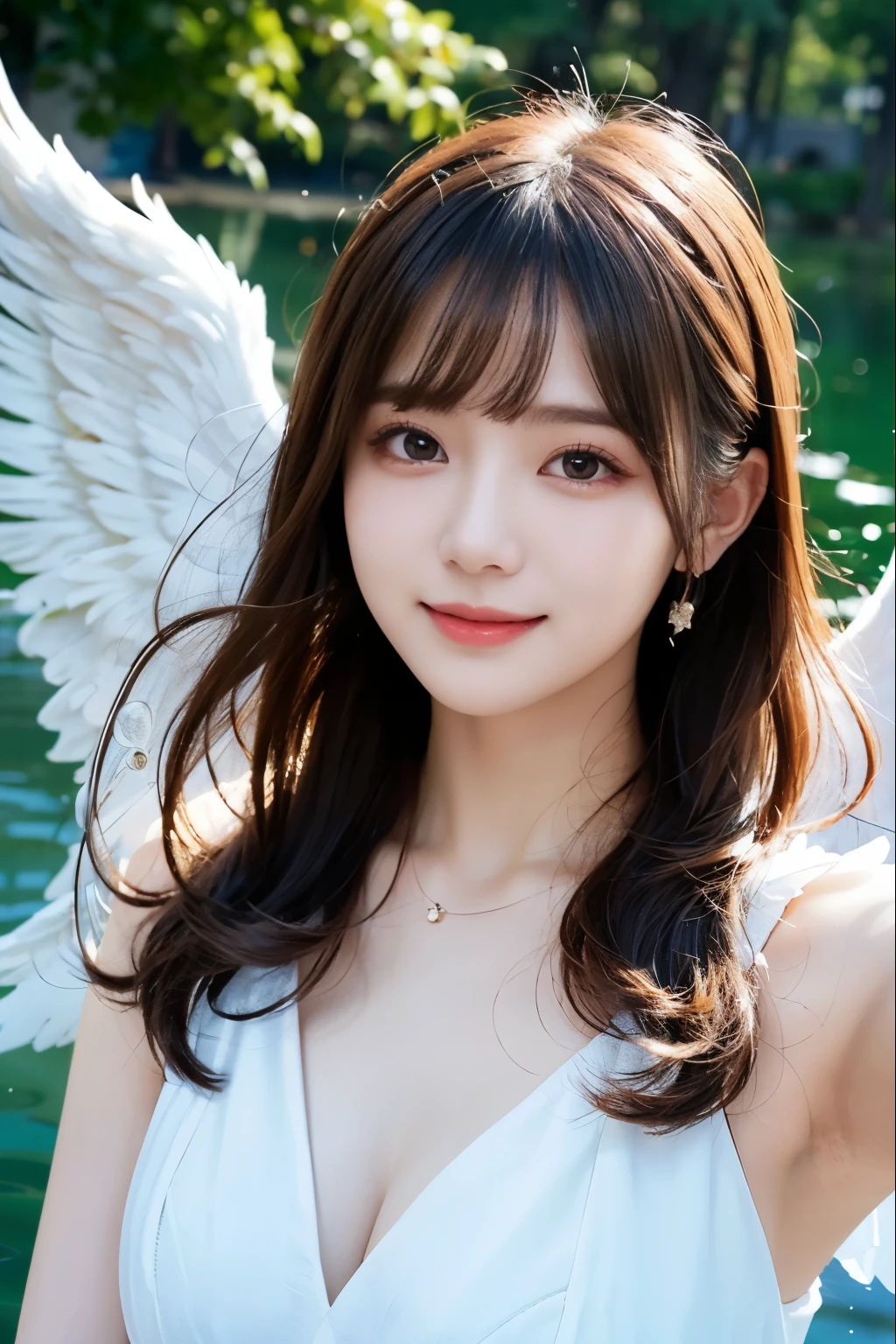 (Sheer and revealing white fluffy outfit:1.3, ),(Angel with glass wings floating on lake:1.3),,shiny light brown and orange striped hair,,,Cute smile,Perfect round face,A cheerful smile that makes the viewer happy,Proper body proportion,masutepiece,Super high-quality output images,hight resolution,Intricate details,Hair fluttering in a very delicate and beautiful wind,photos realistic,Dreamy,Professional Lighting,realistic shadow,Solo Focus,Beautiful hands,Beautiful fingers,Detailed finger features,detailed clothes features,Detailed hair features,detailed facial features,