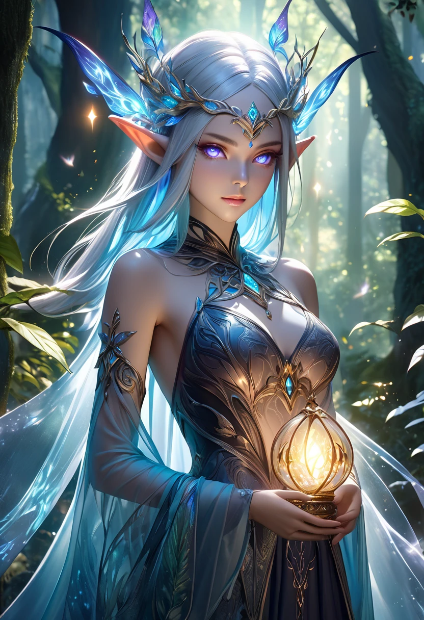 Snow Elf Queen with white hair feathers in hair clear to ice white eyes pale skin Elf elven woman ambassador