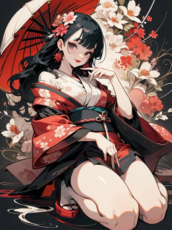One Girl, Fox Girl, Nine-Tailed Fox,Fox Ears, Black colored hair, Fox Makeup,One Girl, Kimono with open chest, Body size is 100-70-90!, Nice body, Avatar, face, Open chest, lewd face, Dominant representation, naughty face, Big Breasts, Emphasize cleavage,Show bare skin, Skin is visible, With legs apart, Show off your thighs, M-shaped legs, A beautifully patterned kimono,Red and black flowing water pattern kimono, I can see her cleavage, I can see your underwear, Nipples, See-through, Plump body, Muscular, Uplifting, Abdominal muscles, Exposed skin, Long Hair, Skin Texture, Soft breasts, Large Breasts, Standing in a grassy field, outside, Blue sky,Composition facing directly ahead, Grab the breasts with both hands, Fingers digging into breasts, Developmental atmosphere, god秘的な絵, god々Cool atmosphere