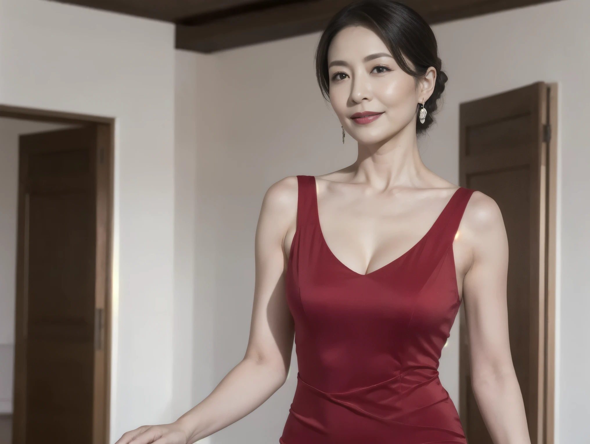 Japanese Mature Woman, solo, age 68, elegant and graceful, long black hair tied in a loose bun, few strands framing her face, deep brown eyes, well-defined cheekbones, slight wrinkles around eyes and lips, soft and full lips, fair smooth skin with a touch of natural aging, wearing a form-fitting black and deep red ballroom dance dress (1.3), high slit revealing toned legs, delicate silver earrings, natural and minimal makeup, red lipstick, confident and alluring expression, standing in a well-lit dance studio with a wooden floor (1.3), walls lined with large mirrors (1.3) reflecting her poised figure, soft and evenly distributed ceiling lights illuminating the space, windows with light gray curtains allowing natural daylight to enter, elegant chandeliers hanging from the ceiling, a few potted plants adding a refined touch, refined and poised posture, hands elegantly positioned, looking towards the viewer with a mysterious smile, subtle perfume aroma in the air,