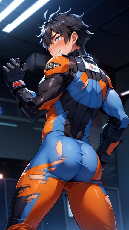 Desert Oasis,Huge muscles,Huge penis,Boy wearing a blue helmet,Hero Suit,(((8-year-old boy)))Look back here,Rubber Suit