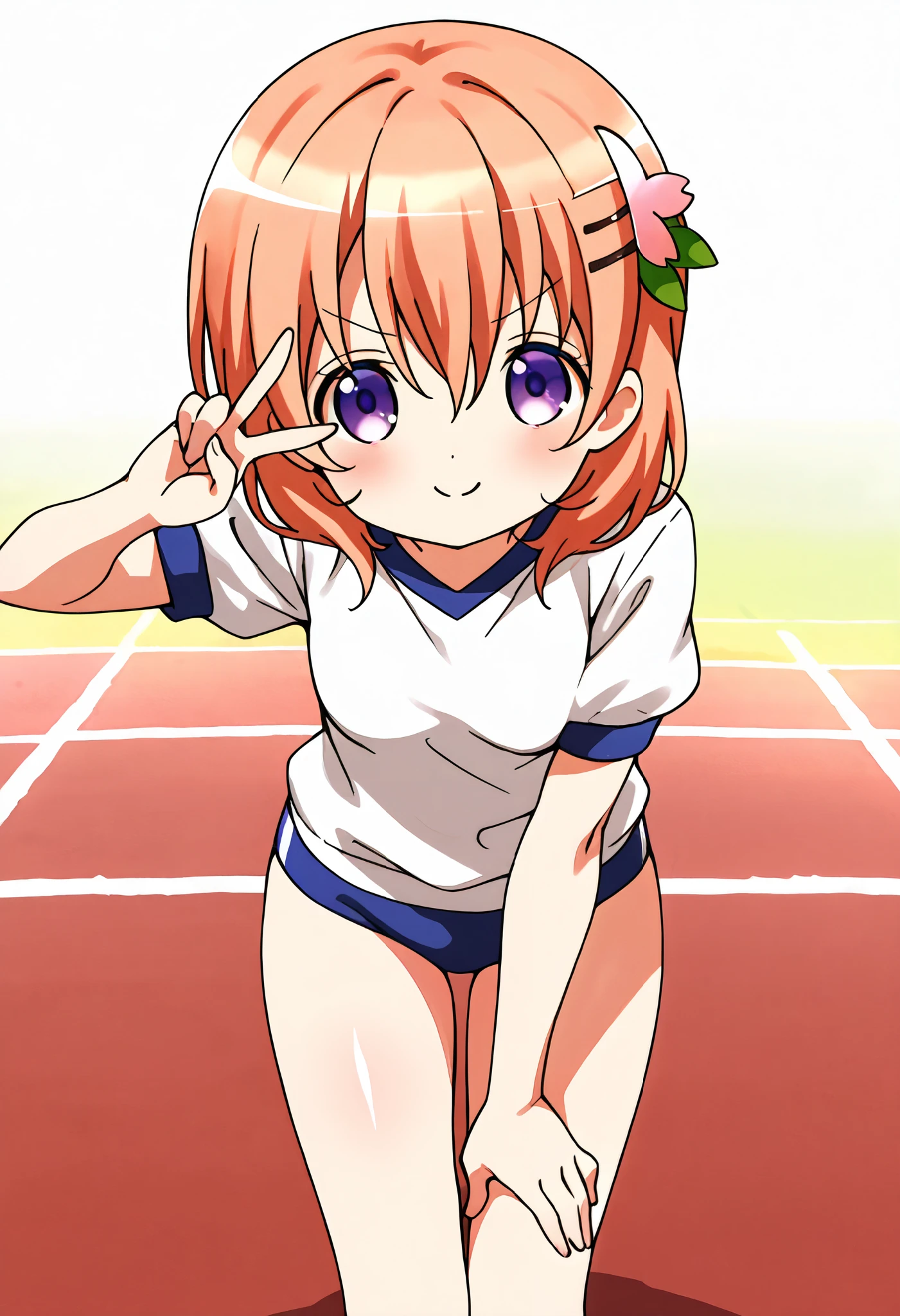 v-shaped eyebrows ,smiling, cute pose, girl pose ,1girl,solo, petite ,Plain school gym uniform, (deep blue buruma) ,cocoa hoto,very cute ,small breasts,Original style, Very high quality, soft to the touch, beautiful,super detailed skin, high resolution, novel illustration, shiny skin,in gochuumon wa usagi desu ka? Style, dynamic pose