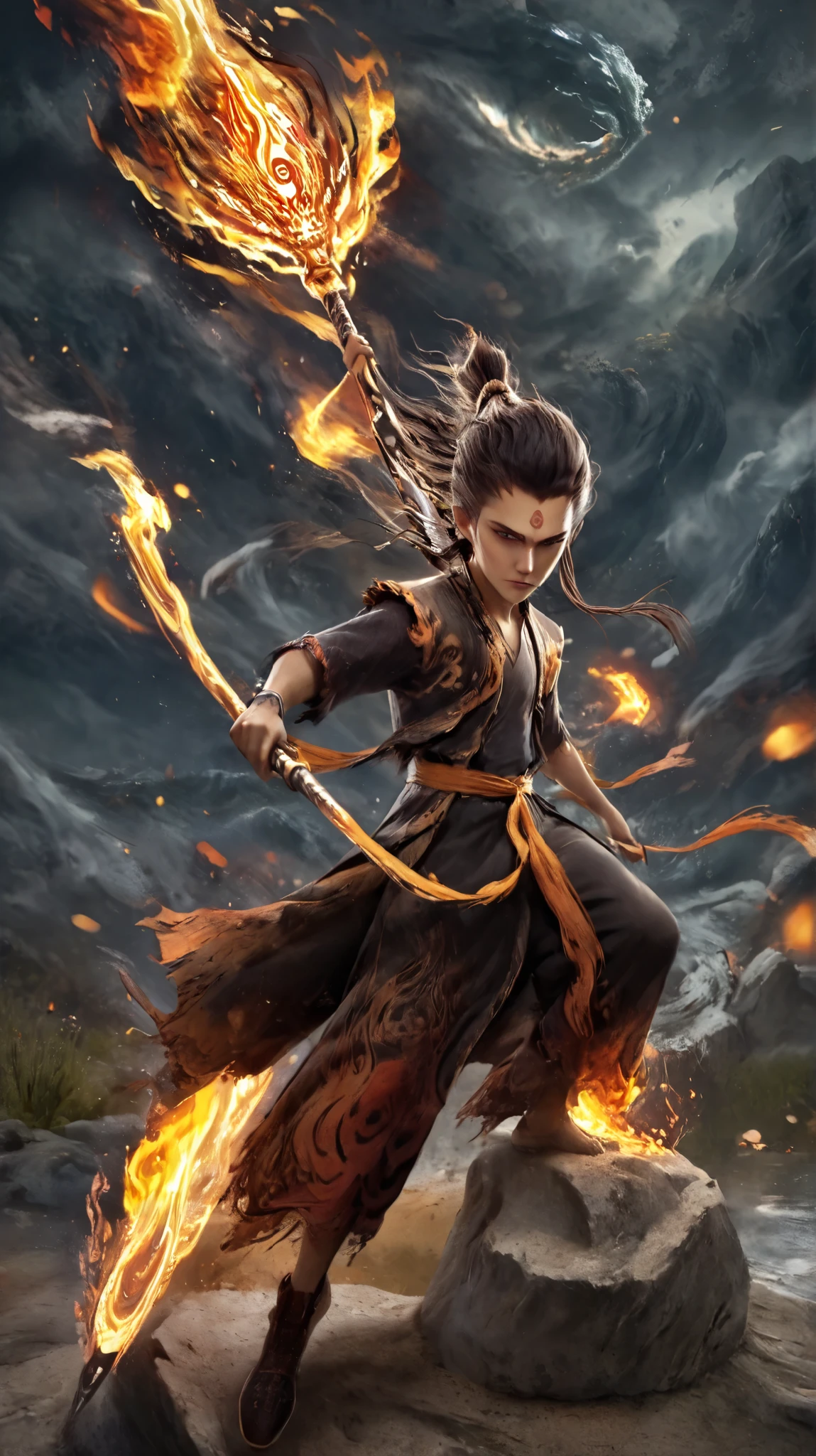 nezha fuse with aobing fire around , intricate details , ready to fight