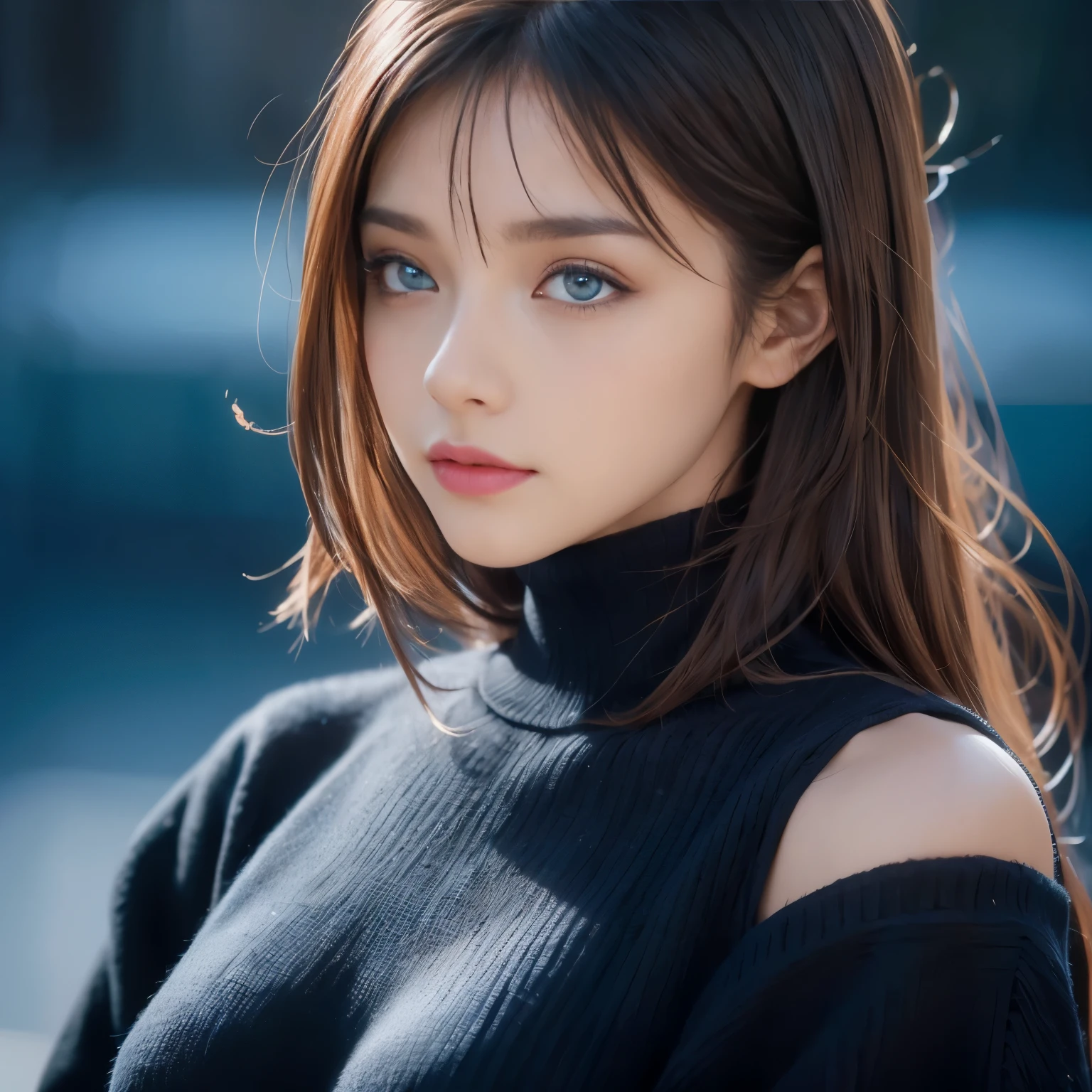masterpiece, best quality, ultra-detailed, intricately detailed hyperdetailed, realistic, sharp features, highly detailed, sharp focus, 19 years old, (Japanese sophisticated model), perfect face, perfect  and delicate Blue eyes, perfect full lips, flexible female form, cinematic, hyper detailed, hyper realistic, high resolution, vibrant, dark fantasy, ((deep Blue hour)), light brown hair, messy hair, small breasts, Black sweater, portrait, head shot,