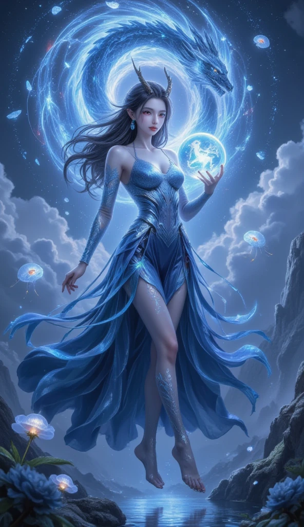 A celestial elf with bioluminescent azure skin levitates above mirrored clouds in an inverted waterfall realm, her flowing hair scattering ice crystals into swirling air currents. She cradles a pulsating dragon ball containing a double-helix vortex of liquid energy (#87CEEB to #0000FF gradients), its core revealing a spectral dragon silhouette through crystalline layers etched with ancient runes. Golden energy pulses radiate every 0.5 seconds, illuminating her ombré gown that shifts from abyssal navy to surface-sea cyan, its floating chiffon layers rippling with unseen energy. Bioluminescent scaled ears with dangling pearl chains frame piercing crimson eyes, while morpho butterfly wing patterns shimmer across her sleeves. Below, a stellar river reflects nebula constellations disrupted by falling water droplets creating rainbow caustics, three translucent jellyfish-creatures orbiting the glowing orb that triggers instantaneous fern bioluminescence with each energy wave. Aurora curtains clash with the orb's cold light, bathing the scene in pearlescent rim glow as stardust particles swirl through volumetric backlighting, giant peonies releasing luminescent dandelion seeds into the charged atmosphere.