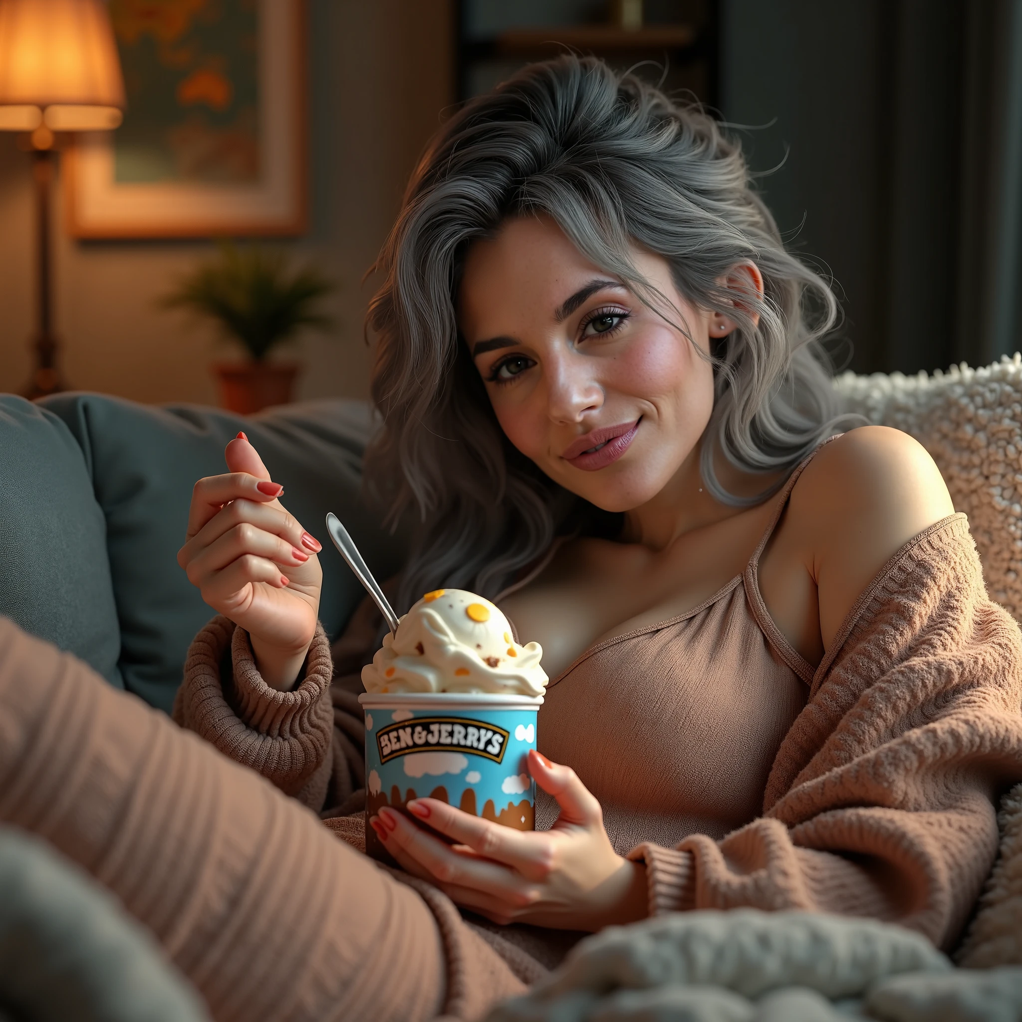 An elegant woman gracefully sits at home, sipping on a can of pink and blue beverages labeled "BYSELF." The cans glisten with a slight sheen, reflecting the soft lighting of her cozy living space. With a blushing cheek and a relaxed expression, she takes a leisurely sip, her eyes closed in delight. The bubbles in the drink sparkle as they rise to the surface, adding to the relaxing ambiance of the scene. The woman's poised posture and graceful manners exude a sense of sophistication and slight intoxication. This product photography capture is shot in 4K UHD, ensuring every detail from the label to the woman's realistic