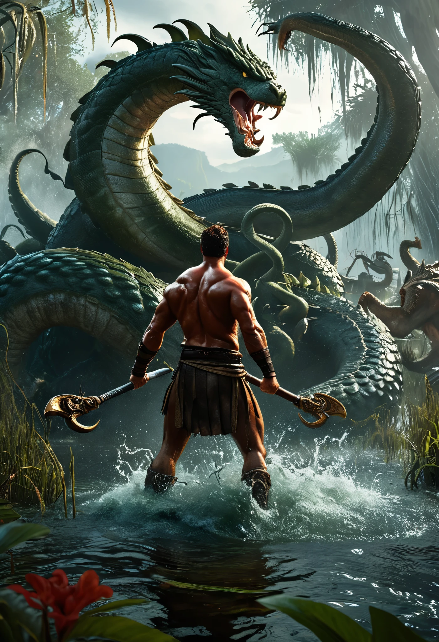 Hercules fighting a 9 headed hydra in a swamp, the composition and characters help convey a sense of action, water splashes, cinematic, intricately detailed, realistic textures, blood, cinematic