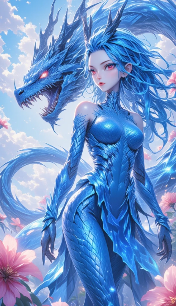 (best quality,4k,8k,highres,masterpiece:1.2), ultra-detailed, realistic, naked sexy dragon woman with blue glittering scales, skin is glittering sapphire blue scales, short blonde hair with blue highlights, very playful but mischievous smile, huge tits, gigantic breasts, naked, nude, detailed crotch, detailed vulva, sexy pose, spread legs, playful, bi-coloured eyes, heterochromia, lustful