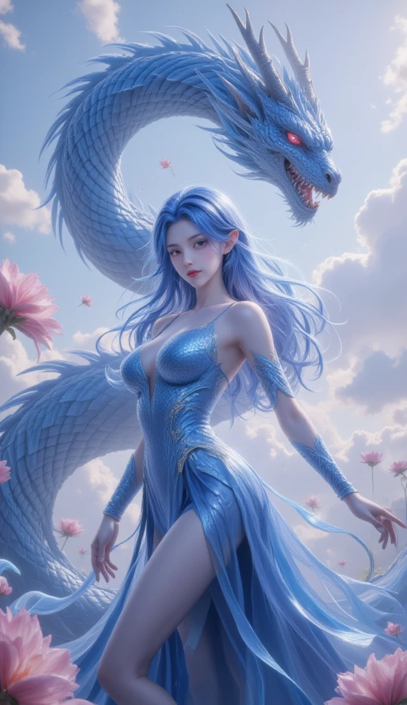 ​masterpiece、finely best quality、finely best quality、Official Art、(Beautifully Aesthetic:1.3)、extremely detaile、(Fractal art:1.3)、colourfull、ice
and Chinese Dragon、Serpentine body、an legs、Blue and one girl、Girl playing the biwa、Humph Girl Media、Hanff、blue、benzaiten、Ichikishima Himemei、God、Divinely々Right、An impression that gives richness、White dragon in the background、