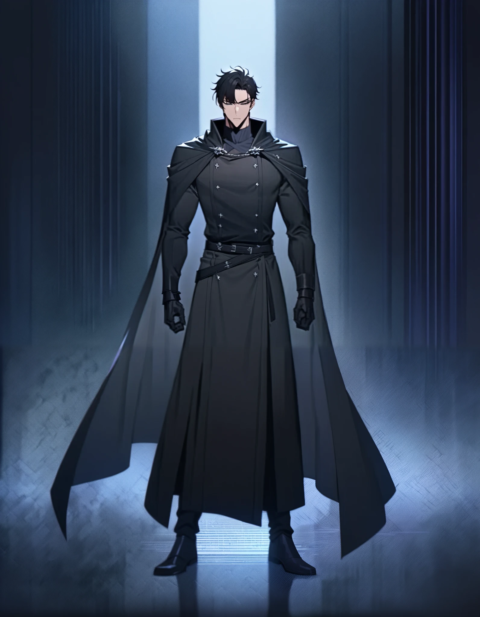 (best quality detailed image beautiful image 8K dramatic lighting) Art Manhwa masterpiece (digital art digital illustration) 24 year old man very handsome black hair ((distant expression black eyes perfect face perfect lines)) black clothes black cape, character for rpg, assassin, badass, sung jinwoo, full body, blue eyes