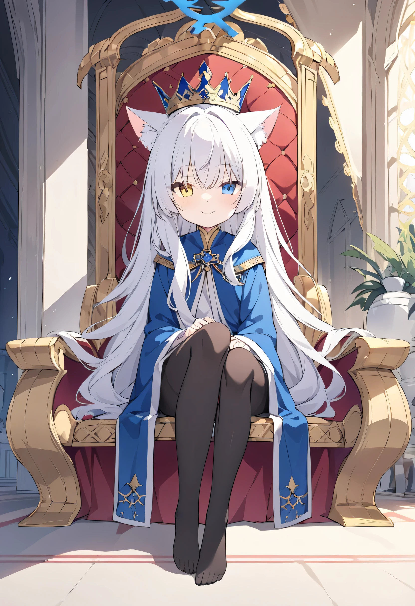 white hair , long hair,Heterochromia(Left blue right yellow), alone,Cat ears, blue halo,Smile, black pantyhose,In the palace, sitting on the throne , with a crown ,Barefoot, wearing a royal robe,Cross your legs