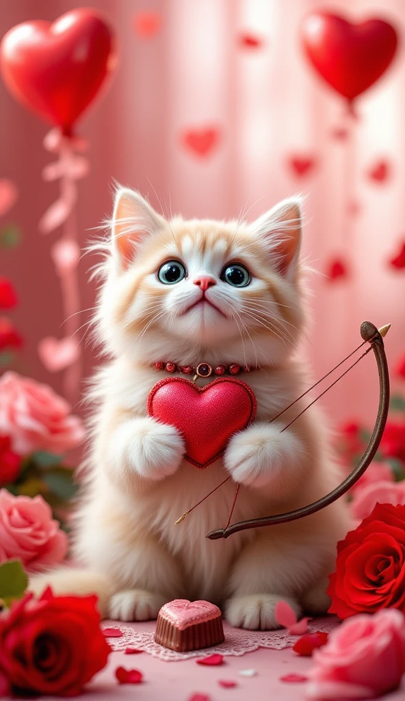 A charming and fluffy cat with large, expressive eyes sits at the center of a Valentine's Day scene. The feline is adorned with a heart-shaped collar and a tiny Cupid’s bow and arrow, playfully held in its paws. Surrounding the cat are Valentine’s Day elements: red and pink roses, heart-shaped chocolates, and floating heart balloons. The background features a soft, romantic glow with a red-pink-white color scheme, evoking warmth and love. Delicate ribbons and lace add an extra touch of elegance, making the image feel festive and endearing. high realistic 
High Resolution, Masterpiece, High Resolution,best Quality, Super Detailed, High Details, Quality, High Quality, 8K  Futurism, Surrealism, 