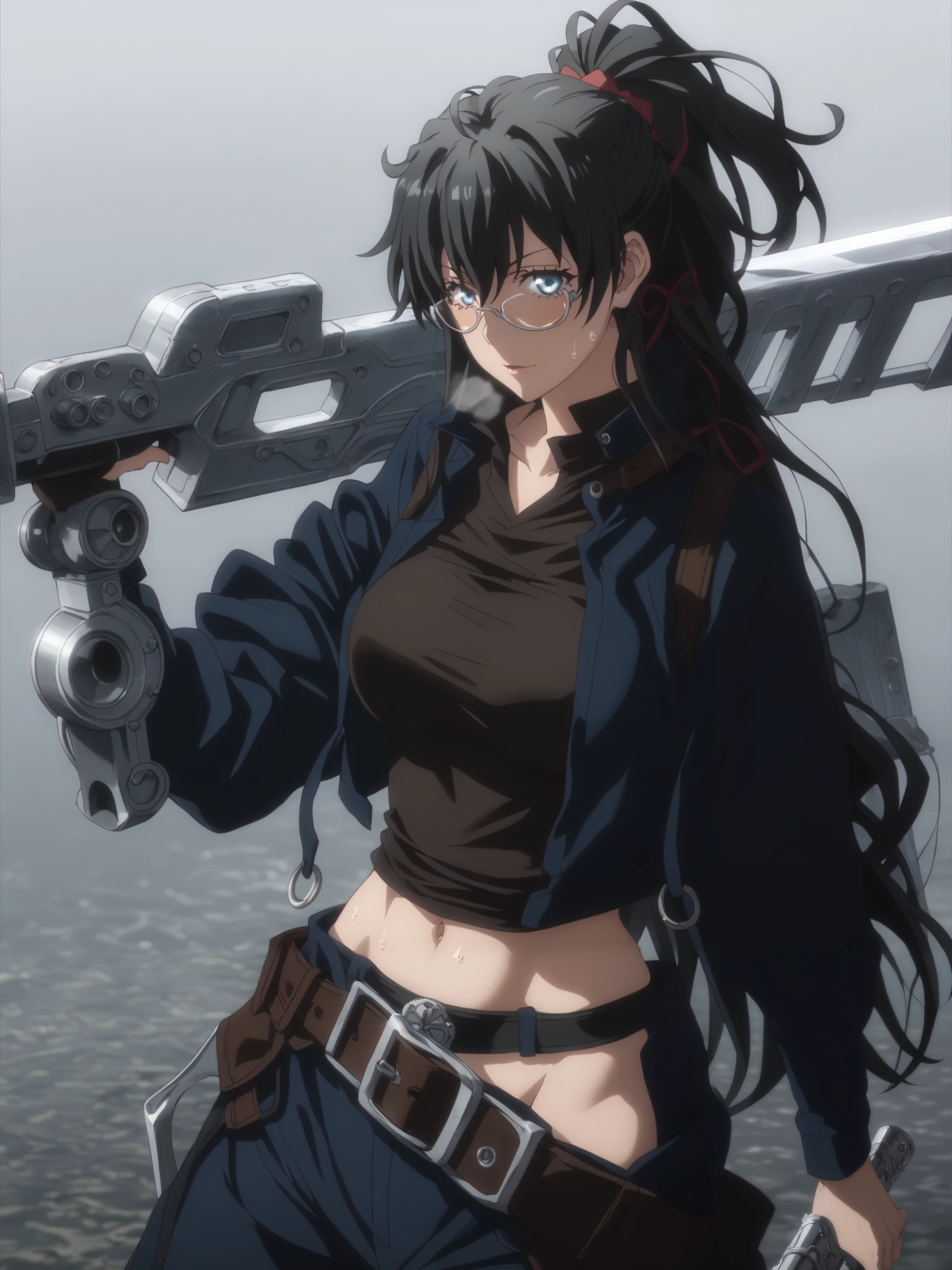 score_9, score_8_up, score_7_up, score_6_up, uncensored, Yukinoshita Yukino, black hair, long hair, blue eyes, naughty face, horny face, anime coloring, anime screencap, (voluptuous:1.3), (thick:1.3), BREAK UHD, retina, masterpiece, accurate, anatomically correct, textured skin, super detail, high details, high quality, award winning, best quality, highres, 4K, excessive sweating, sweating, sweating drop, (gasping, heavy breathing:1.3), (skindentation:1.2), perfect eyes, beautiful eyes, eyelashes, makeup, detailed body, perfect body, BREAK, 1girl, weapon, solo, holding, holding_weapon, navel, looking_at_viewer, breasts, weapon_over_shoulder, over_shoulder, jacket, midriff, belt, sword,