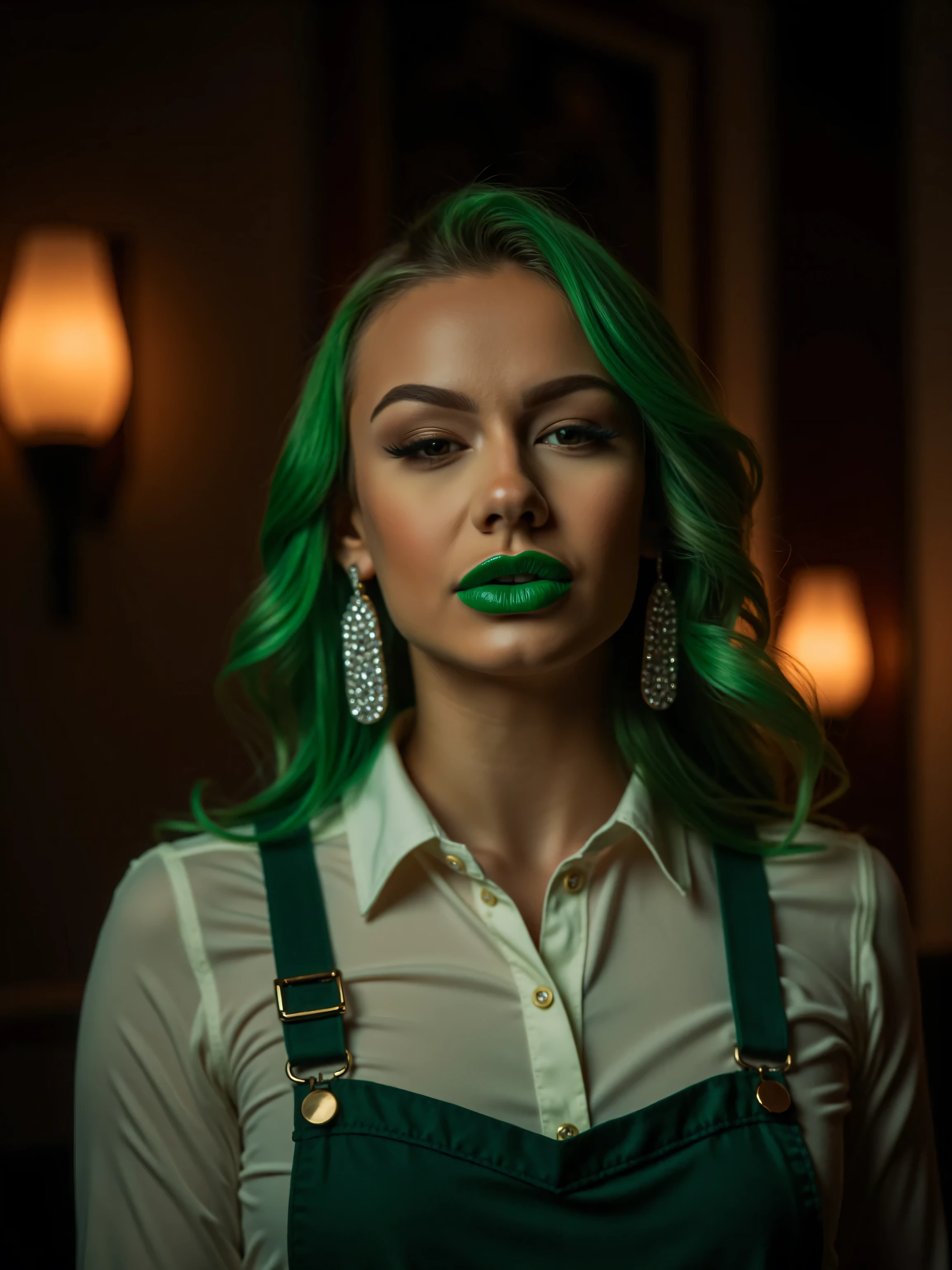  The image shows a large portrait of a beautiful woman, barista, smiling at the viewer . Lips are painted in green lipstick. The head is raised up. Very beautiful diamond long ear earrings.
 The woman looks at the viewer with a  look .  She is wearing a white blouse with buttons and a green apron . She has green hair, loose to the shoulders .
 The photo was taken in a cozy cafe .  The cafe is dark and thoughtful .  The image was shot with an analog camera ,  which gives the composition a vintage look .