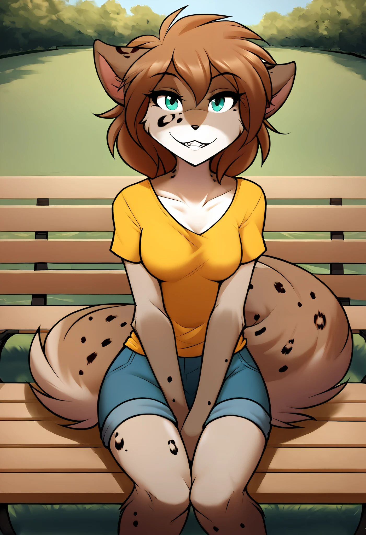 whisperfoot style, score_9, score_8_up, score_7_up, score_6_up, score_5_up, score_4_up, rating_safe, source_furry, a female anthro fluffy, 1girl, solo, female, furry, anthro, fluffy tail, medium breasts, teeth, tkkathrin, kathrin vaughan, kathrin vaughan twokinds, spotted fur, emerald eyes, teal eyes, anthro. looking at viewer, (in park, sitting on bench, detailed background:1.1), 