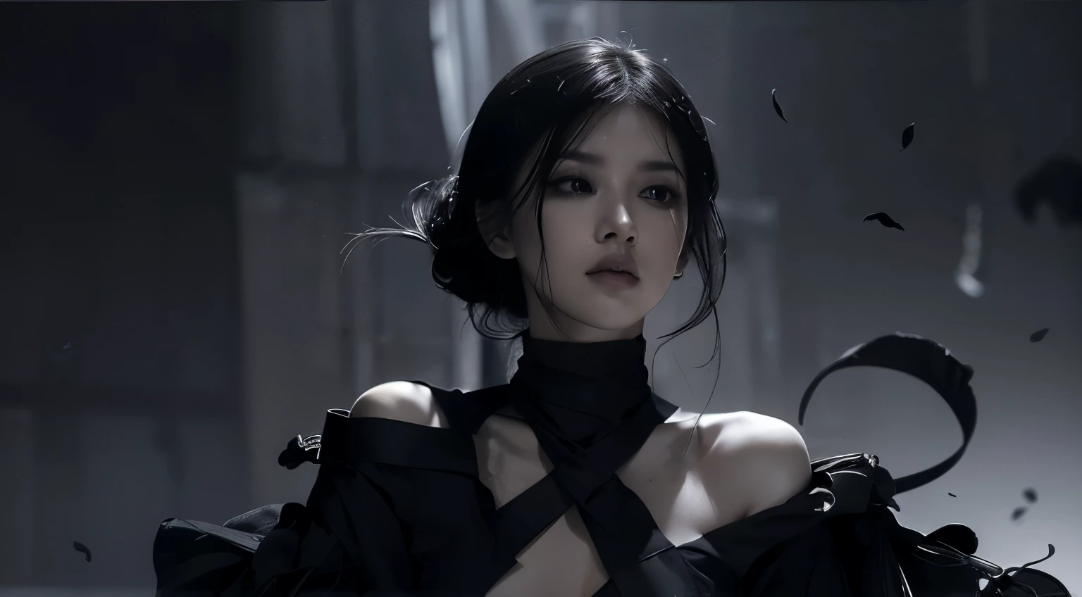 (best quality, highres),black dress,black hair,black petals,black theme,no lights,black ninja,dark shadows,dramatic atmosphere,exquisite details,perfect composition,subtle textures,contrasting colors,sleek design,graceful movement,sharp edges,emotive expression,extraordinary pose,mysterious aura,striking contrast,modern art style,intense emotions,masterful brushstrokes,vibrant black tones,sophisticated elegance,fierce and powerful,mesmerizing intensity,artistic vision,black abyss,illusion of depth,enigmatic beauty,ethereal presence,impressive artwork,hauntingly beautiful, dark theme, black background, black rose, dark ninja, intense gaze, flowing dress, detailed facial features, long eyelashes, contrast, fine details, dramatic atmosphere, gothic style, intense emotions, monochrome color palette, captivating setting, haunting beauty, artistic photography, everything is black