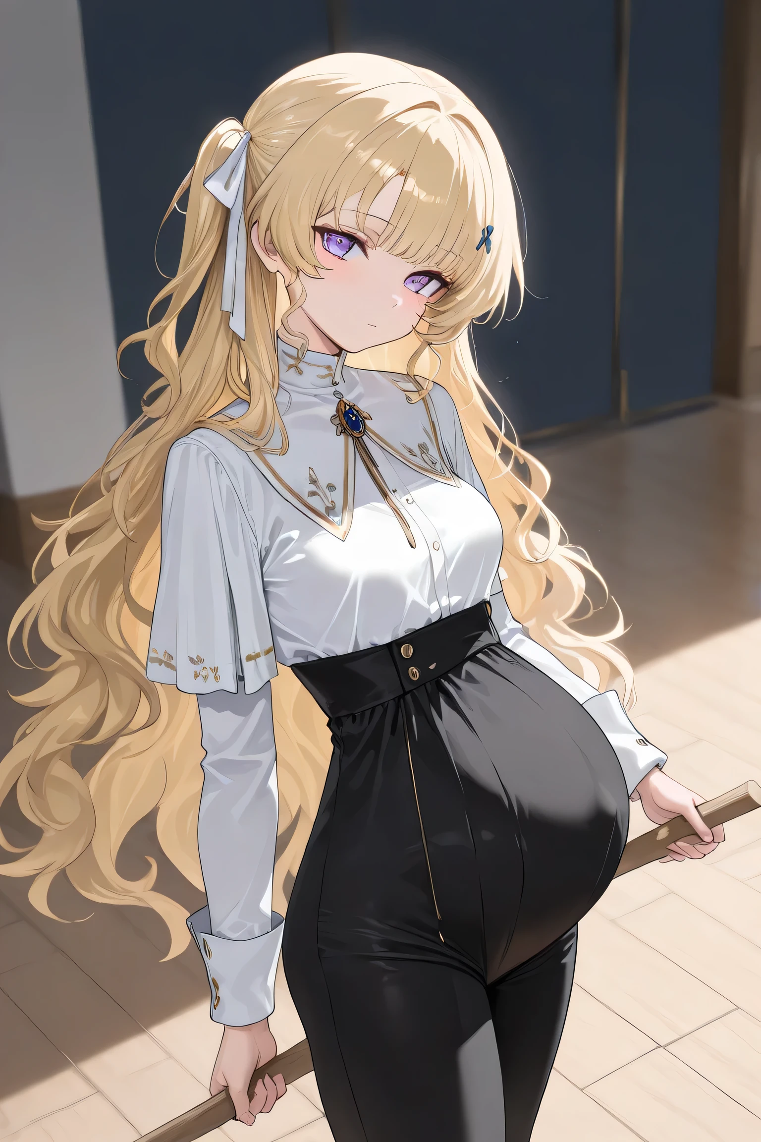 (Best quality, 4k, 8k, high resolution, masterpiece:1.2), ultra detailed, intricate details, SOLO, beautiful girl, alone, long wavy blonde hair, bangs, one side of her hair adorned with a white ribbon with gold stripes, lavender-blue colored eyes, small-medium breasts, perfect smooth skin, looking at viewer, head tilted, white button-up shirt, (Pregnant:1.1), black hair ribbon with golden line, right hair ribbon, at outroom training area on ground, high-waisted black trousers, high-waisted slim-fit pants, Standing, holding a wooden sword, put the sword on the shoulder