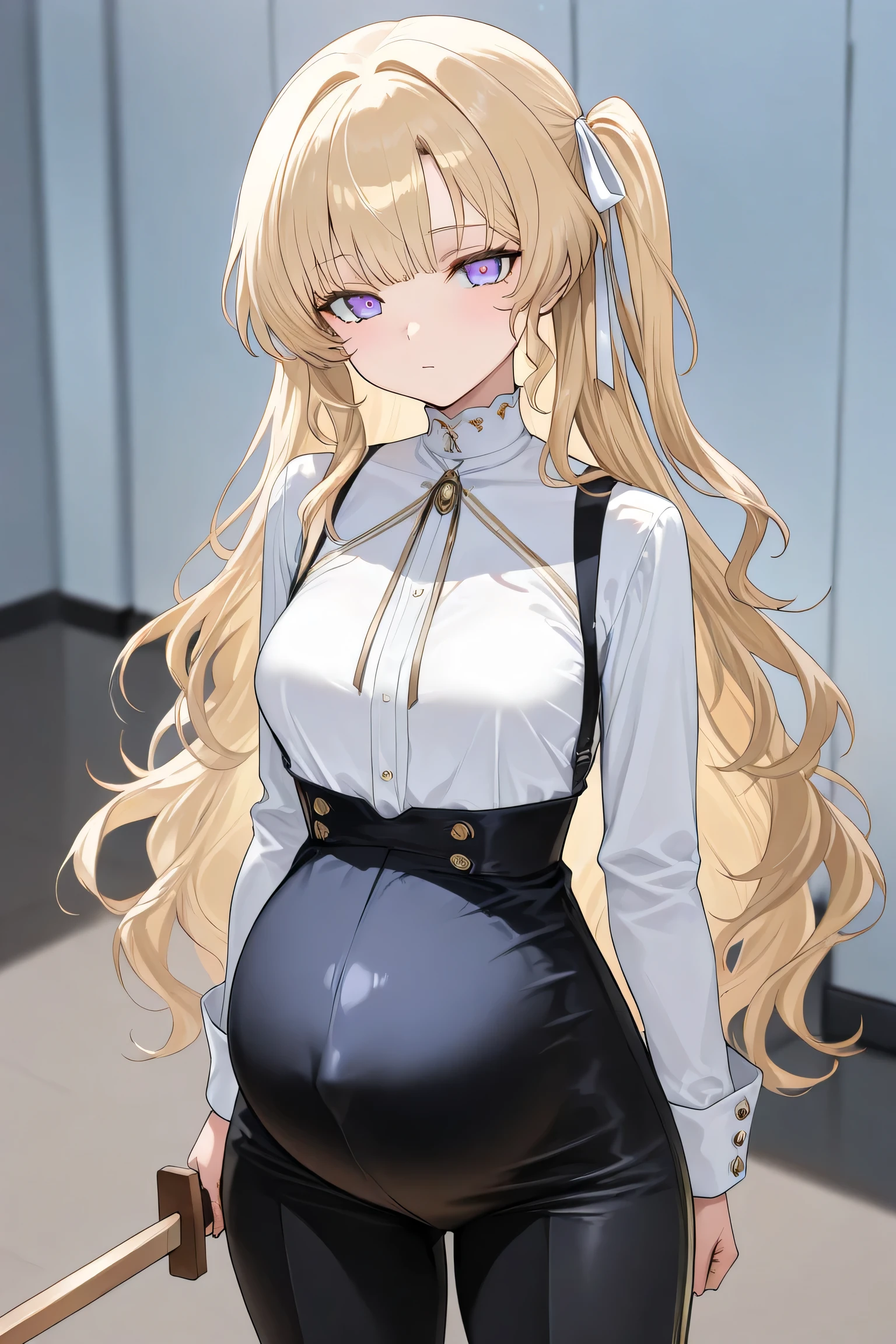 (Best quality, 4k, 8k, high resolution, masterpiece:1.2), ultra detailed, intricate details, SOLO, beautiful girl, alone, long wavy blonde hair, bangs, one side of her hair adorned with a white ribbon with gold stripes, lavender-blue colored eyes, small-medium breasts, perfect smooth skin, looking at viewer, head tilted, white button-up shirt, (Pregnant:1.1), black hair ribbon with golden line, right hair ribbon, at outroom training area on ground, high-waisted black trousers, high-waisted slim-fit pants, Standing, holding a wooden sword, put the sword on the shoulder, 1 sword,