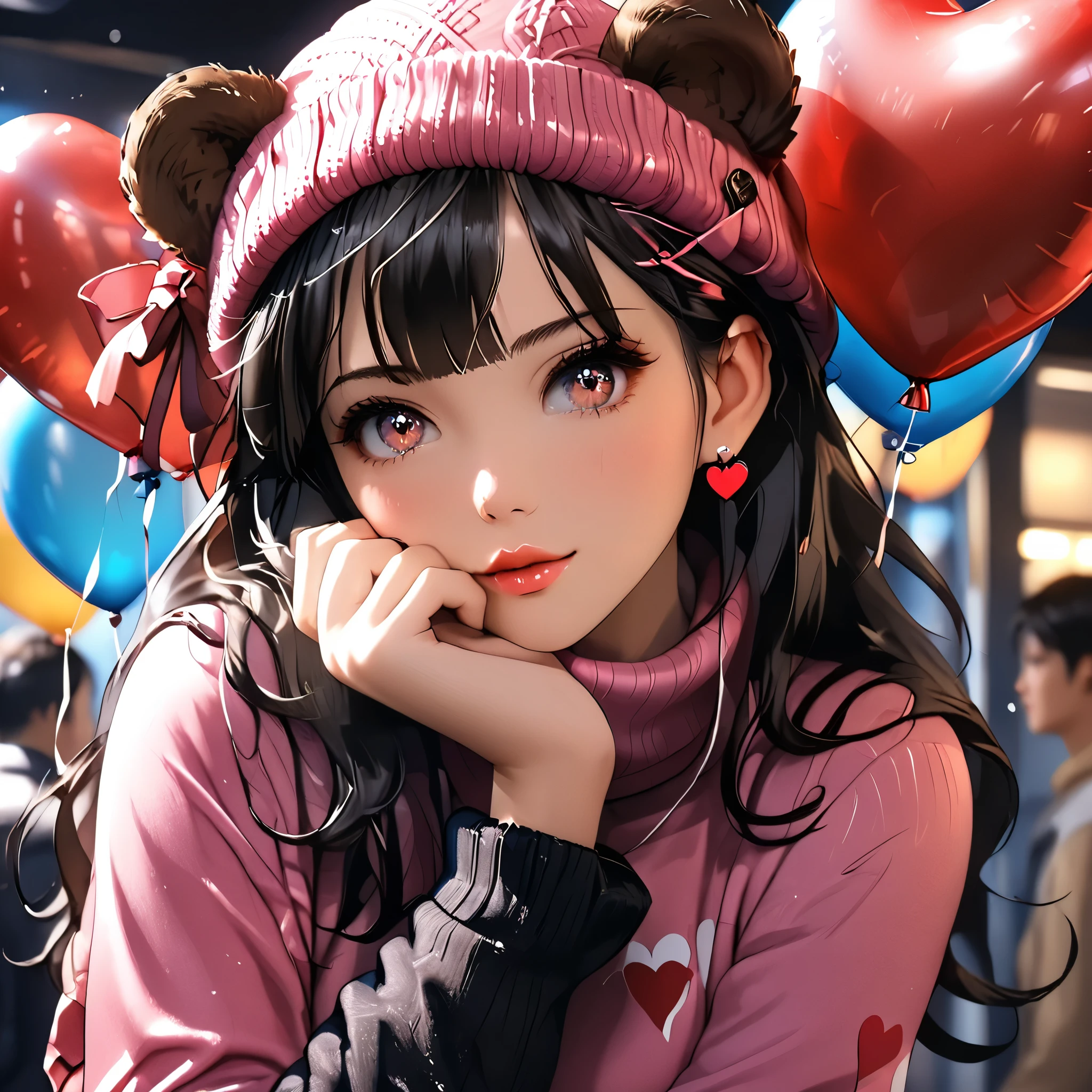 (beautiful girl:1.3),1girl,masterpiece,Highest quality,Ultra-high resolution,rich contrast,super high quality,8k,Highly detailed CG unit wallpaper,texture,Incredibly absurd,Ultra-high resolution,Highest quality anime,professional photograph,an extremely delicate and beautiful,RAW Photos,Depth of Field 1.2,ultra-detailed eyes,Glitter Effect,Beautiful glossy lips, 25years old, gorgeous legs, noise perfect, gorgeous ass, EPngeKatsuragiMisato, dynamic pose, sensual woman, seductive woman, mature woman, Milf, maternal, shy look, full body, dark purple hair, long hair, brown eyes, Misato Katsuragi, (type of photo: medium shot, portraying the person from head to waist),  Setting: A fair with neon lights, She is holding a teddy bear with a red bow and several heart balloons float around her. Her eyes reflect love and sweetness, Outfit: An oversized burgundy sweater with a turtleneck, leather leggings and tall black boots. Accessories: Wool gloves, a scarf in pink tones and a knitted hat with a pompom. Hair and makeup: natural makeup with a little highlighter and raspberry lips. in a cafeteria decorated with garlands of hearts,