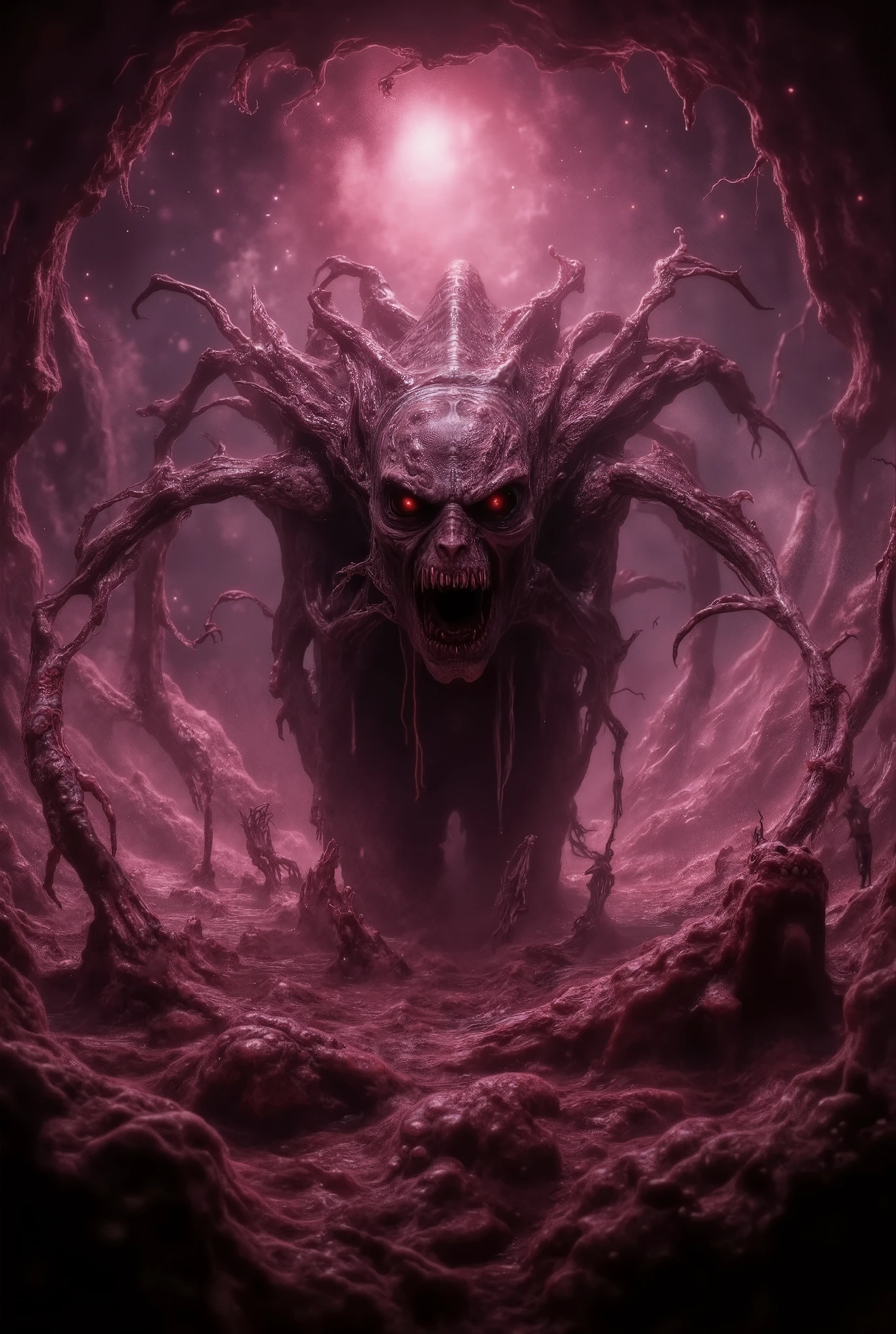 A monstrous and terrifying beast with a grotesque, verdant-toned body, covered in a hundred menacing eyes, sprinting on all fours across a boiling lake toward the photographer. Its skin oozes, its claws pierce the steaming water, creating waves, splashes, and swirling mist. The sky glows in eerie pink hues, galaxies faintly shimmering above. Dark, surreal atmosphere with intense reflections. Ultra-realistic, highly detailed, cinematic lighting.