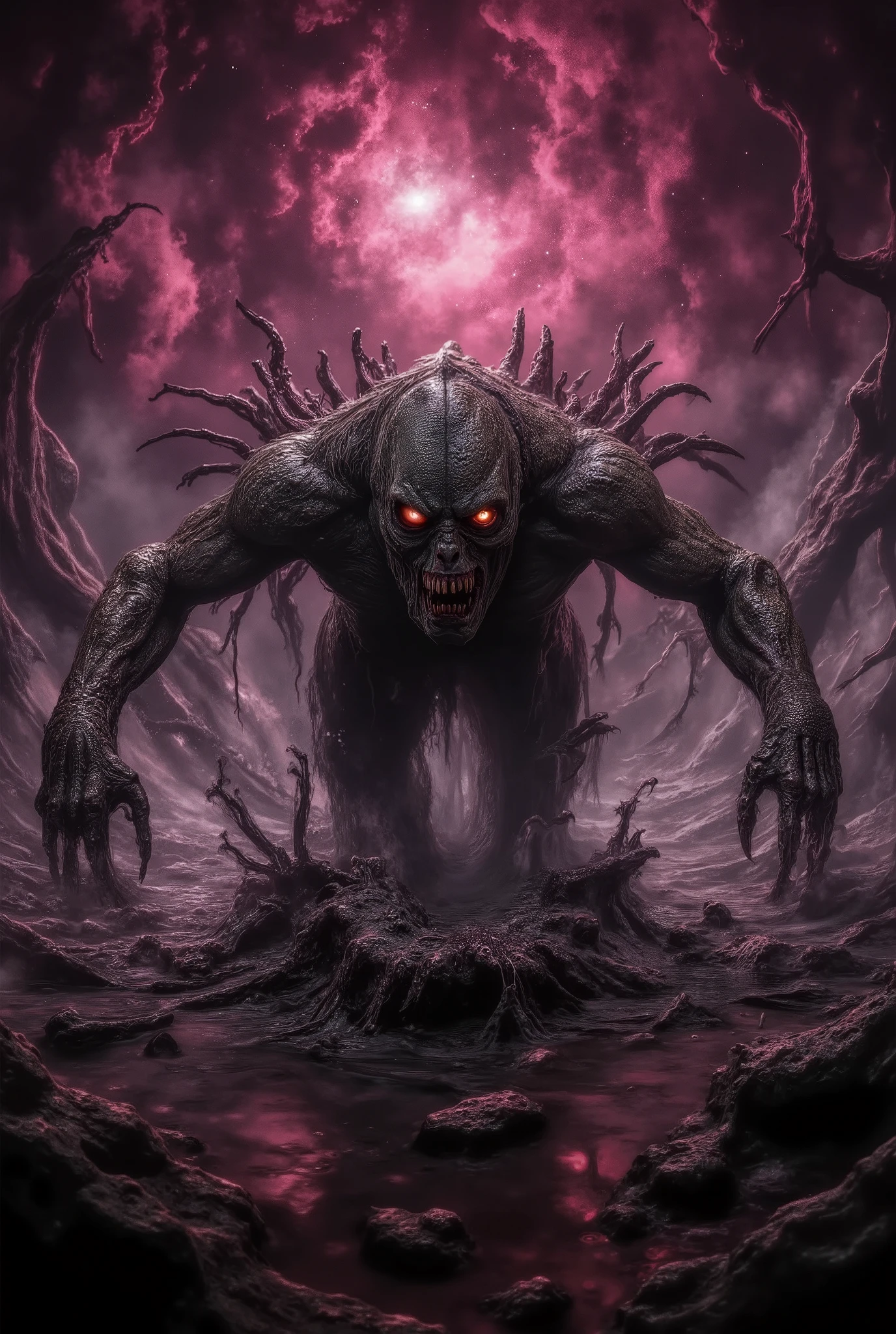 A monstrous and terrifying beast with a grotesque, verdant-toned body, covered in a hundred menacing eyes, sprinting on all fours across a boiling lake toward the photographer. Its skin oozes, its claws pierce the steaming water, creating waves, splashes, and swirling mist. The sky glows in eerie pink hues, galaxies faintly shimmering above. Dark, surreal atmosphere with intense reflections. Ultra-realistic, highly detailed, cinematic lighting.