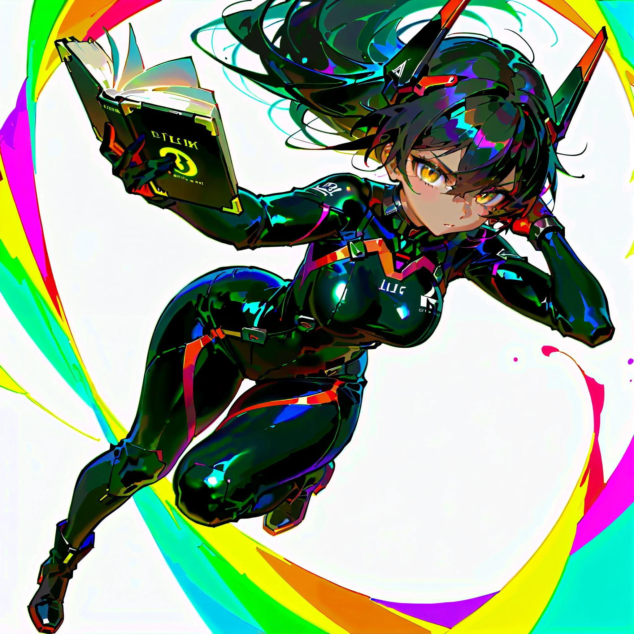 (((masterpiece))), (((Best Quality))), ((Ultra-detailed)), (High Definition anime Illustration), ((extremely delicate and beautiful)),((1 mechanical girl)),solo, Full body, shaggy jet-black longhair, gold eyes, tan skin,((Fitting Thin black bodySuit)),An angry,(handheld book:1.2),(long boots:1.2)(Character Focus),highly detailed, Colorful, highest details, 1 pilot girl, long boots Digital Painting, 8K High Resolution, trend art station, Whole body, (((white background)))