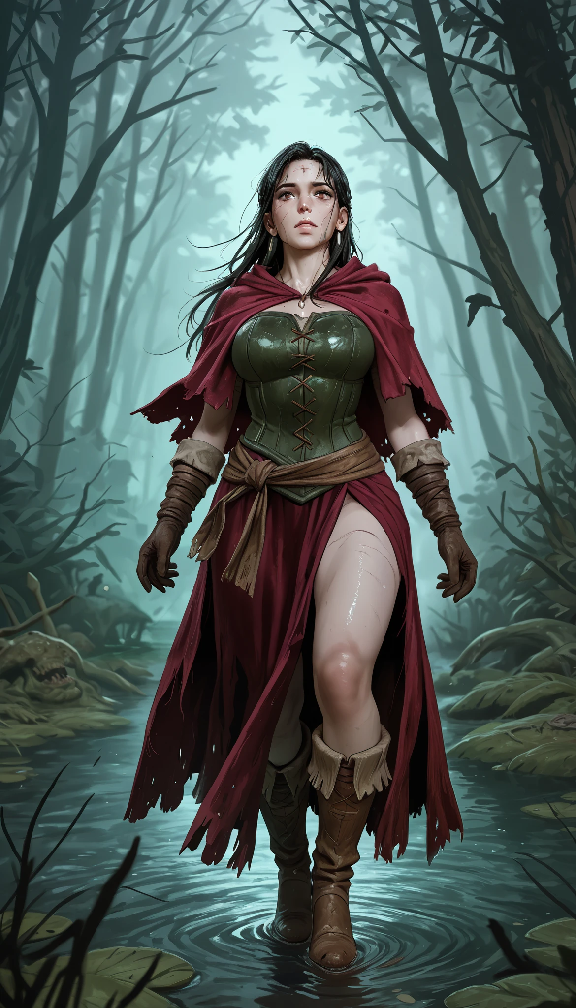 The girl in the boots fell into the swamp