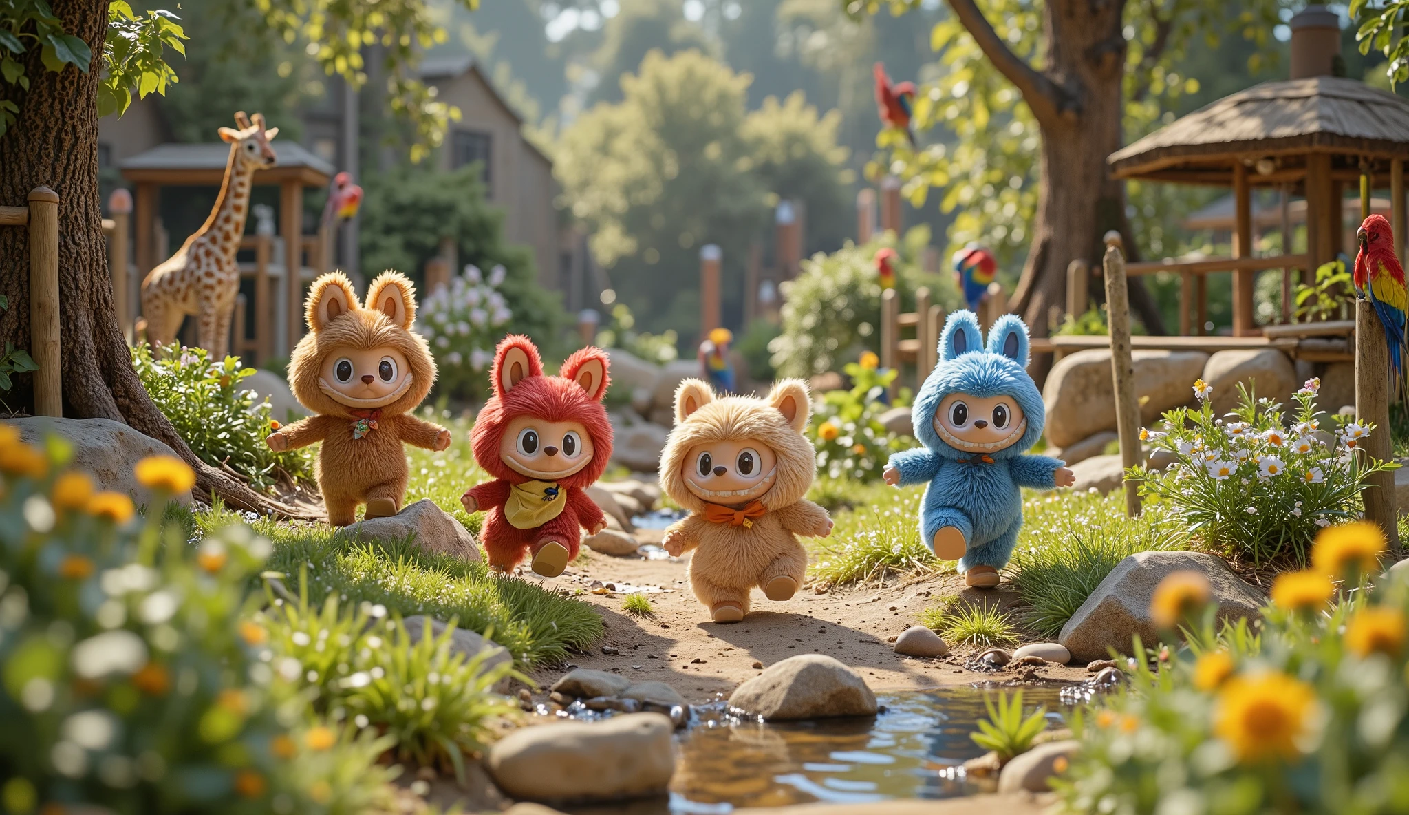 "In the fresh morning air of the zoo, four playful Labubu—brown, red, yellow, and blue—run joyfully across the lush green landscape. Their small, furry bodies bounce with excitement, their wide grins radiating pure happiness as they race together. The sunlight glows softly, casting gentle shadows beneath their quick-moving feet. Their fluffy ears twitch with every step, and their bright eyes sparkle with the thrill of adventure.
The zoo awakens around them, alive with the sounds of nature. Birds chirp from the treetops, their melodies blending with the distant calls of animals beginning their day. A light breeze rustles the leaves, carrying the fresh scent of morning dew and blooming flowers. Wooden fences and large rocks outline the enclosures in the background, seamlessly blending with the natural scenery.
Beyond the running Labubu, the zoo’s inhabitants stir—giraffes stretch their long necks toward the trees, zebras graze peacefully near a pond, and a group of colorful macaws flutter above, adding bursts of red, blue, and yellow to the sky. A small stream glistens under the sunlight, reflecting the rich greens and earthy tones of the landscape.
With no humans in sight, the moment feels like a secret adventure, a world where the Labubu roam freely in their own joyful reality. They continue running, their laughter echoing through the open space, celebrating the beauty of the morning and the endless wonders of the zoo."
