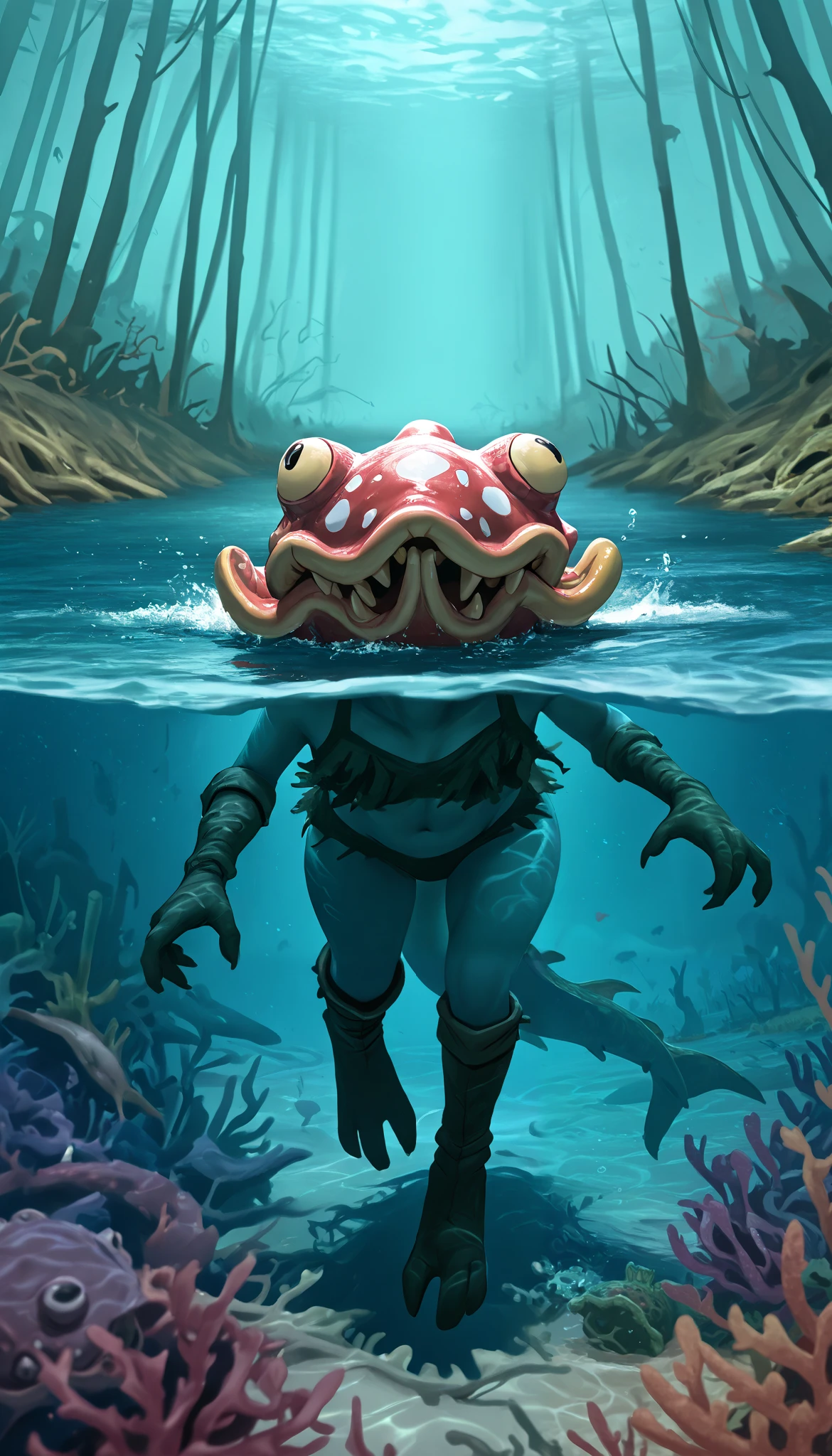 The girl in the boots fell into the swamp, partially submerged, water line ,Piranhas underwater