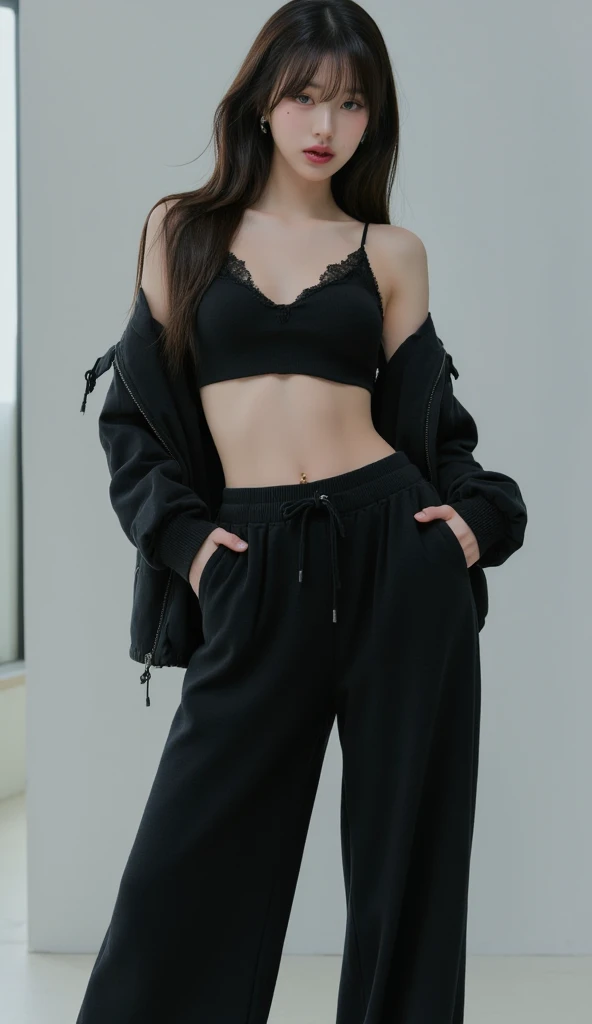 Photography of 20-year-old women, Perfect face, masterpiece, OK, underwear, Black_OK, jacket, Black_
