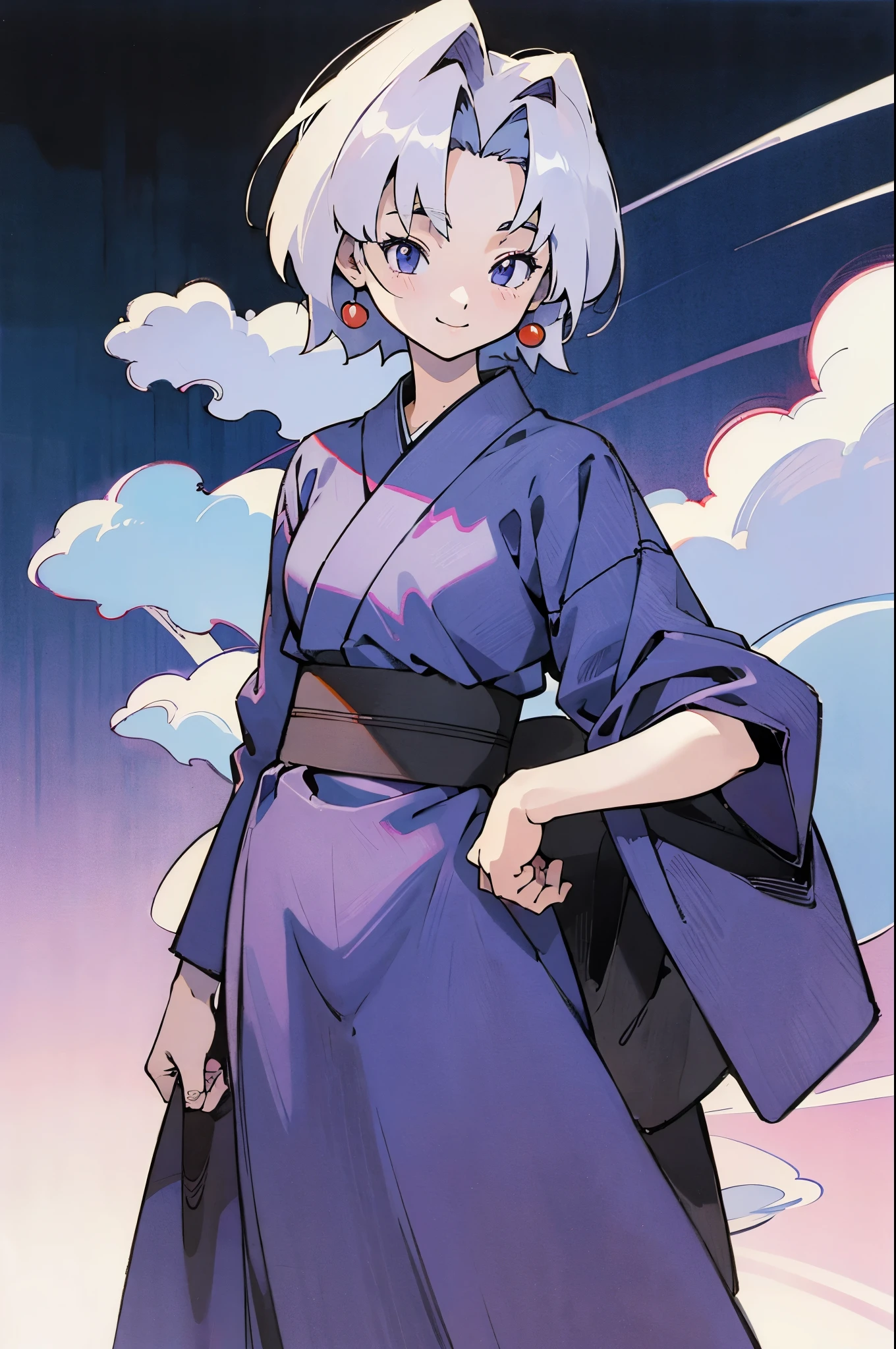 by Ken Sugimori, sugimori 1990s, ((only 1 old woman)), adult, old, elderly, white hair, wrinkly, purple kimono, smiling ((hands behind their back)), full black pupils, manga, best quality, highly detailed, clean lines, cowboy shot, good hands, good eyes, hd, 8k, professional, symmetrical, hires, 8k,