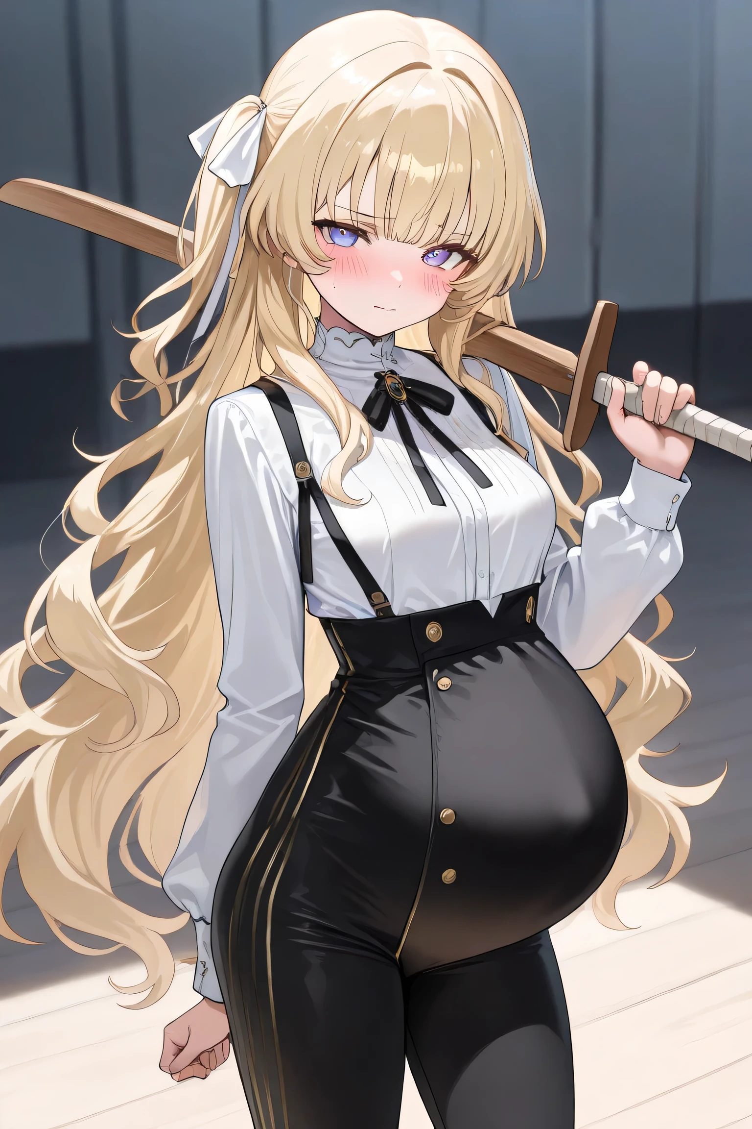 (Best quality, 4k, 8k, high resolution, masterpiece:1.2), ultra detailed, intricate details, SOLO, beautiful girl, alone, long wavy blonde hair, bangs, one side of her hair adorned with a white ribbon with gold stripes, lavender-blue colored eyes, small-medium breasts, perfect smooth skin, looking at viewer, head tilted, white button-up shirt, (Pregnant:1.1), black hair ribbon with golden line, right hair ribbon, at outroom training area on ground, high-waisted black trousers, high-waisted slim-fit pants, Standing, holding a wooden sword, put the sword on the shoulder, 1 sword, blush, embarrassed face 