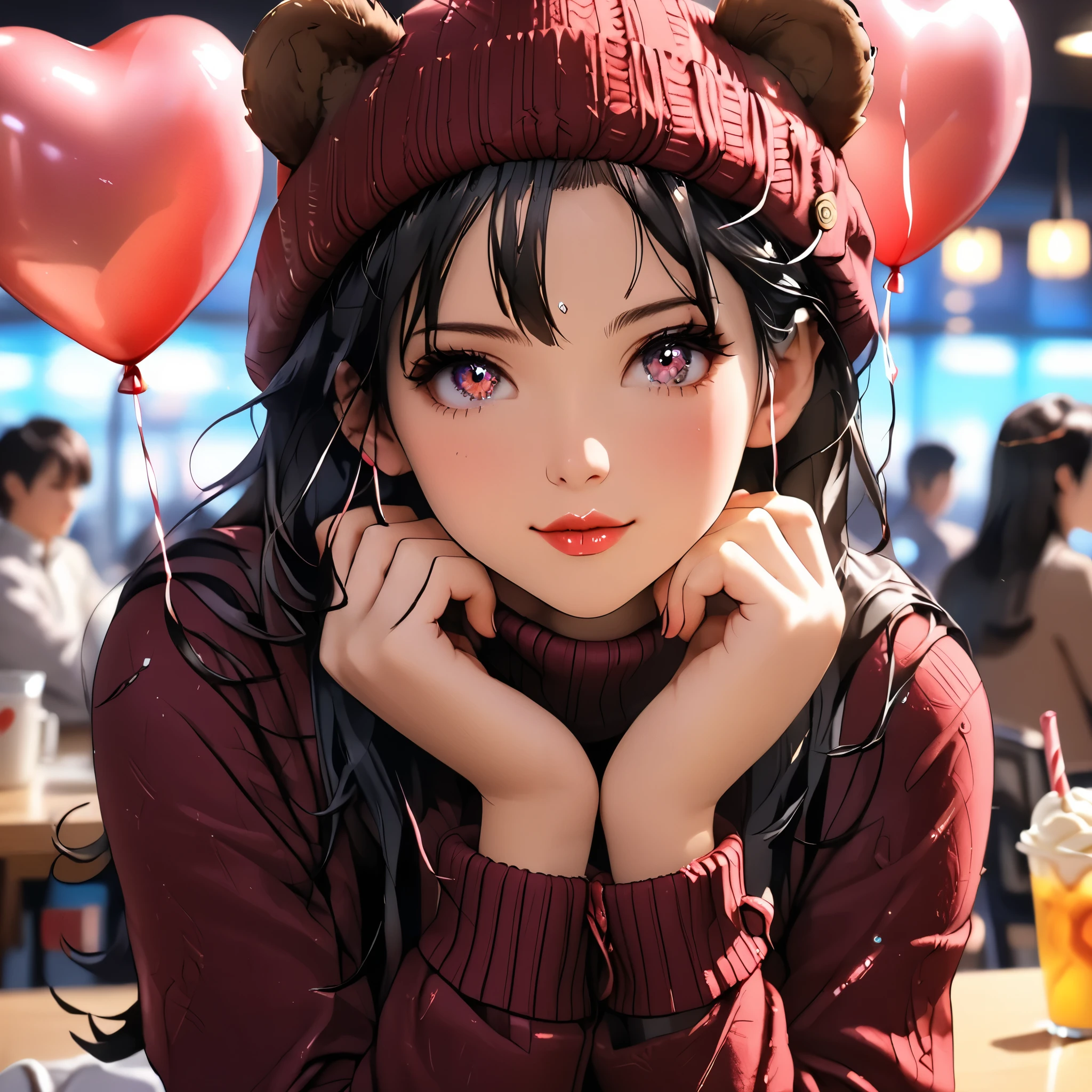 (beautiful girl:1.3),1girl,masterpiece,Highest quality,Ultra-high resolution,rich contrast,super high quality,8k,Highly detailed CG unit wallpaper,texture,Incredibly absurd,Ultra-high resolution,Highest quality anime,professional photograph,an extremely delicate and beautiful,RAW Photos,Depth of Field 1.2,ultra-detailed eyes,Glitter Effect,Beautiful glossy lips, 25years old, gorgeous legs, noise perfect, gorgeous ass, EPngeKatsuragiMisato, dynamic pose, sensual woman, seductive woman, mature woman, Milf, maternal, shy look, full body, dark purple hair, long hair, brown eyes, Misato Katsuragi, (type of photo: medium shot, portraying the person from head to waist), Setting: A fair with neon lights, She is holding a teddy bear with a red bow and several heart balloons float around her. Her eyes reflect love and sweetness, Outfit: An oversized burgundy sweater with a turtleneck, leather leggings and tall black boots. Accessories: Wool gloves, a scarf in pink tones and a knitted hat with a pompom. Hair and makeup: natural makeup with a little highlighter and raspberry lips. in a cafeteria decorated with garlands of hearts,