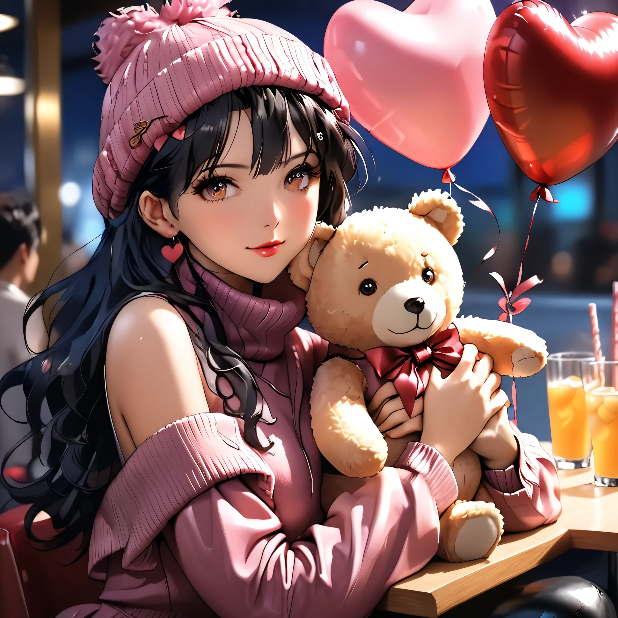 (beautiful girl:1.3),1girl,masterpiece,Highest quality,Ultra-high resolution,rich contrast,super high quality,8k,Highly detailed CG unit wallpaper,texture,Incredibly absurd,Ultra-high resolution,Highest quality anime,professional photograph,an extremely delicate and beautiful,RAW Photos,Depth of Field 1.2,ultra-detailed eyes,Glitter Effect,Beautiful glossy lips, 25years old, gorgeous legs, noise perfect, gorgeous ass, EPngeKatsuragiMisato, dynamic pose, sensual woman, seductive woman, mature woman, Milf, maternal, shy look, full body, dark purple hair, long hair, brown eyes, Misato Katsuragi, (type of photo: medium shot, portraying the person from head to waist), Setting: A fair with neon lights, She is holding a teddy bear with a red bow and several heart balloons float around her. Her eyes reflect love and sweetness, Outfit: An oversized burgundy sweater with a turtleneck, leather leggings and tall black boots. Accessories: Wool gloves, a scarf in pink tones and a knitted hat with a pompom. Hair and makeup: natural makeup with a little highlighter and raspberry lips. in a cafeteria decorated with garlands of hearts,