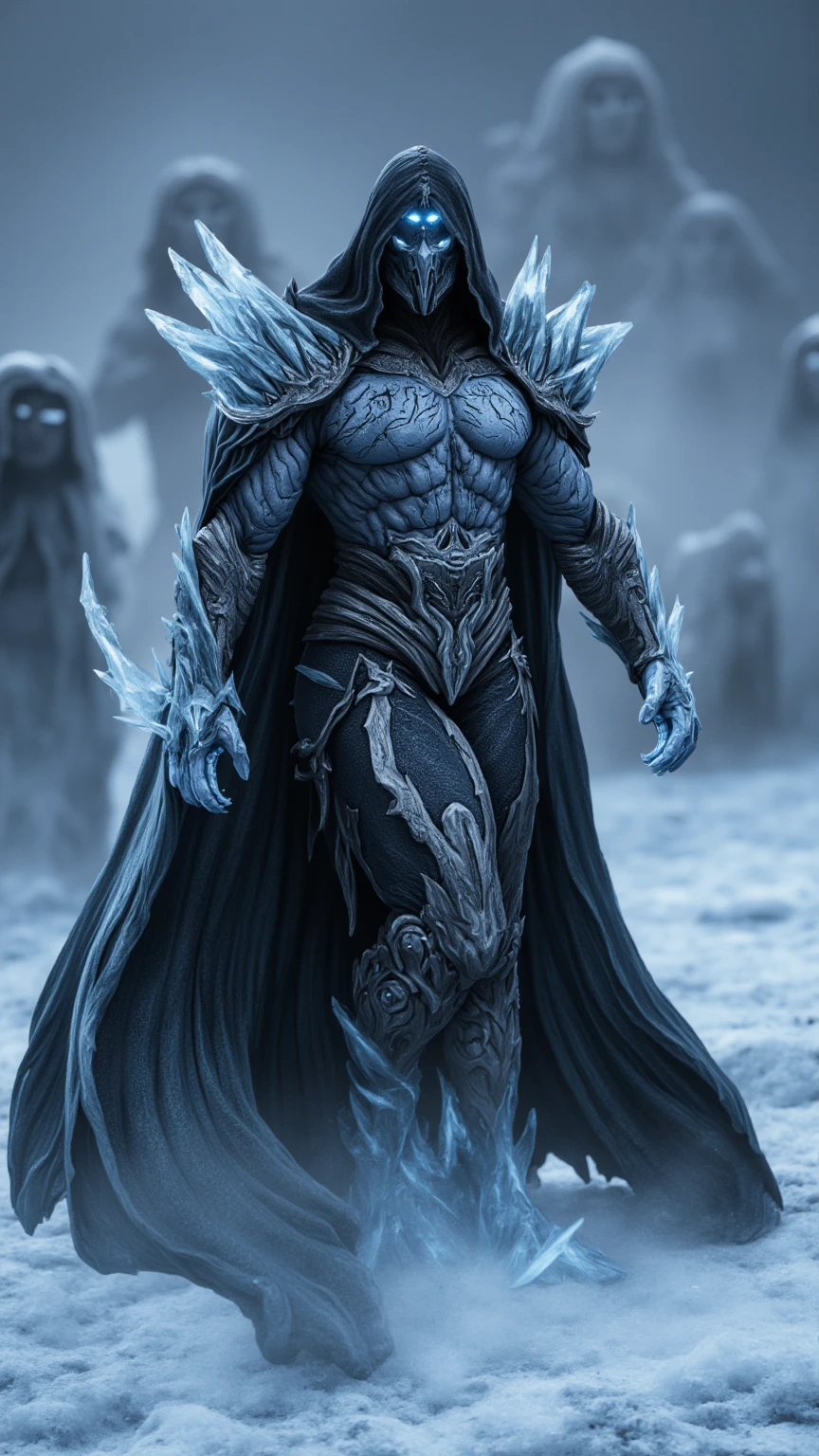 February reimagined as a fierce and enigmatic Mortal Kombat warrior, embodying the cold, relentless force of winter. A tall, imposing figure clad in sleek, ice-forged armor with sharp crystalline edges, his presence radiates an eerie chill. His piercing silver-white eyes glow with frost energy, contrasting against his pale, battle-worn skin. His dark, hooded cloak flutters in the frozen wind, streaked with frost and shards of ice, symbolizing the merciless passage of time.

His segmented chest plate and gauntlets are made of ancient enchanted ice, infused with deep blue runic engravings that shimmer with arcane energy. His high-collared armored tunic is lined with fur, blending cold elegance with combat practicality. His boots leave icy footprints wherever he walks, freezing the ground beneath him.

In battle, he wields dual ice-forged tonfas, each crackling with subzero energy, capable of freezing enemies upon impact. His finishing move, "Winter's End", summons an unstoppable blizzard, encasing his opponent in an unbreakable glacier before shattering them with a single devastating strike.

Shows his male character's full figure, athletic and battle-hardened body, chiseled and fierce face, full body, extremely powerful, god-like, masculine shape, perfect anatomy. The background is a snow-covered ancient battleground with frozen statues of fallen warriors, eerie mist swirling in the cold air, photorealistic, masterpiece, realistic, high contrast, 8k, HD, high definition detailed, detailed, hyper detailed, realistic ice textures, best quality, ultra high resolution, hyper realistic, no text, very detailed eyes, cinematic lighting.
