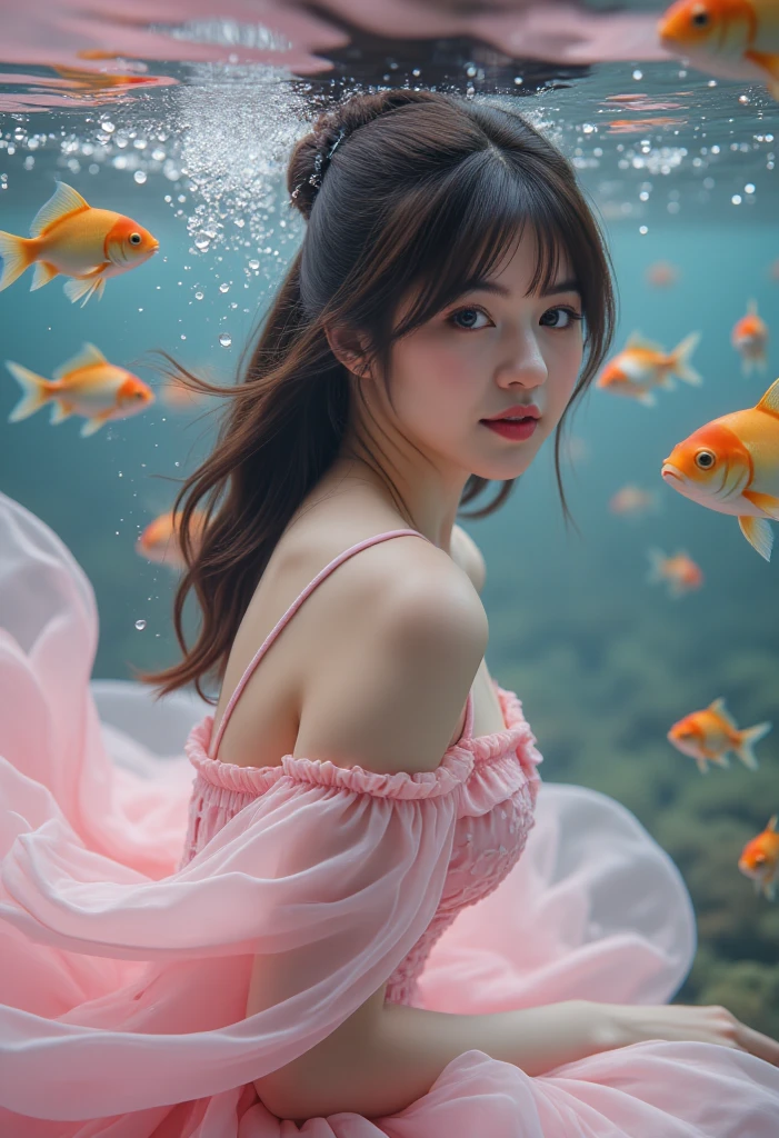 1girl, gigantic breasts, strapless tube top, sagging breasts, tutu skirt, (looking at viewer:1.4), sharp focus, surrounded by corals, blurred background, blurred foreground, super intricate details textures, colorful corals, bokeh effect, ethereal atmosphere, captivating scene, soft lighting, natural beauty,