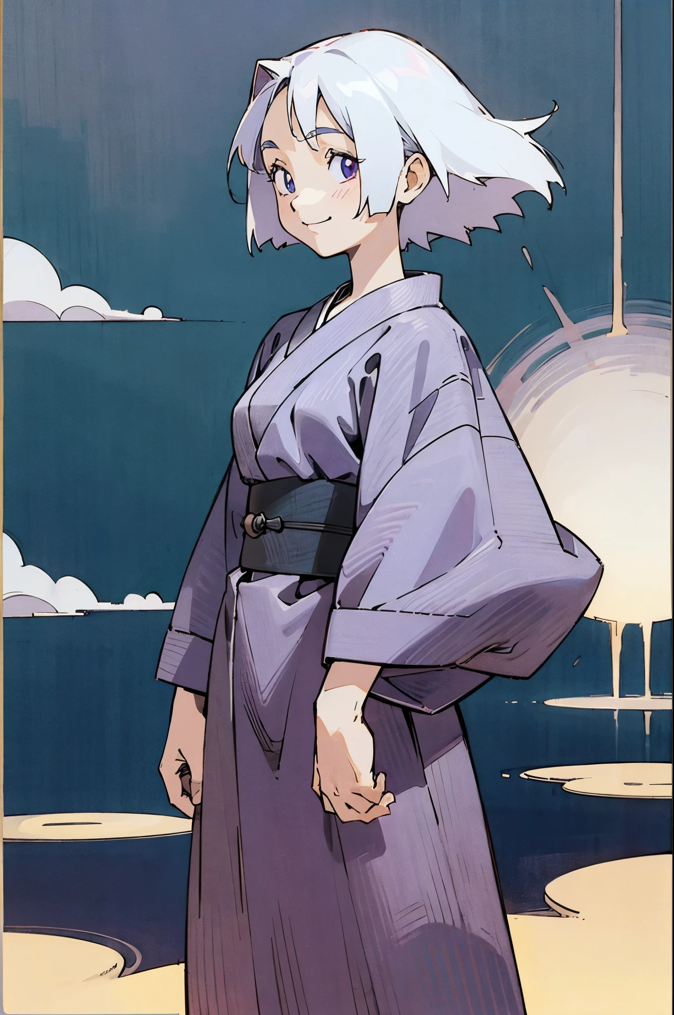 by Ken Sugimori, sugimori 1990s, ((only 1 old woman)), adult, old, elderly, white hair, wrinkled face, purple kimono, smiling ((hands behind their back)), full black pupils, manga, best quality, highly detailed, clean lines, cowboy shot, good hands, good eyes, hd, 8k, professional, symmetrical, hires, 8k,