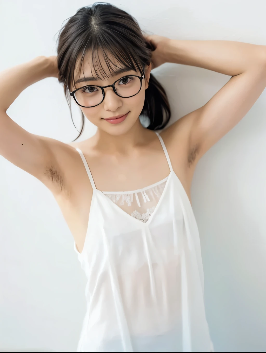 1girl, portrait, (glasses Japanese girl, hands behind head, hairy armpit exposed), (hairy armpits, armpit hair:1.4), ((white camisole dress, lace)), skinny body, (flat chest:1.3), sweaty pale skin:1.2, (glasses, glossy lips, smile, blush), white wall, studio lighting, looking at viewer, Realistic, (real picture, Intricate details), natural skin texture:1.5